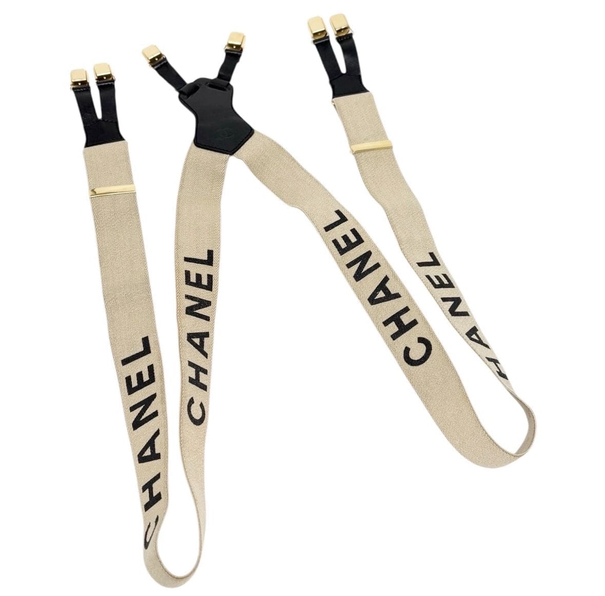 CHANEL Vintage 1994 CC Logo Letter Suspender Belt Beige Black Cotton Leather