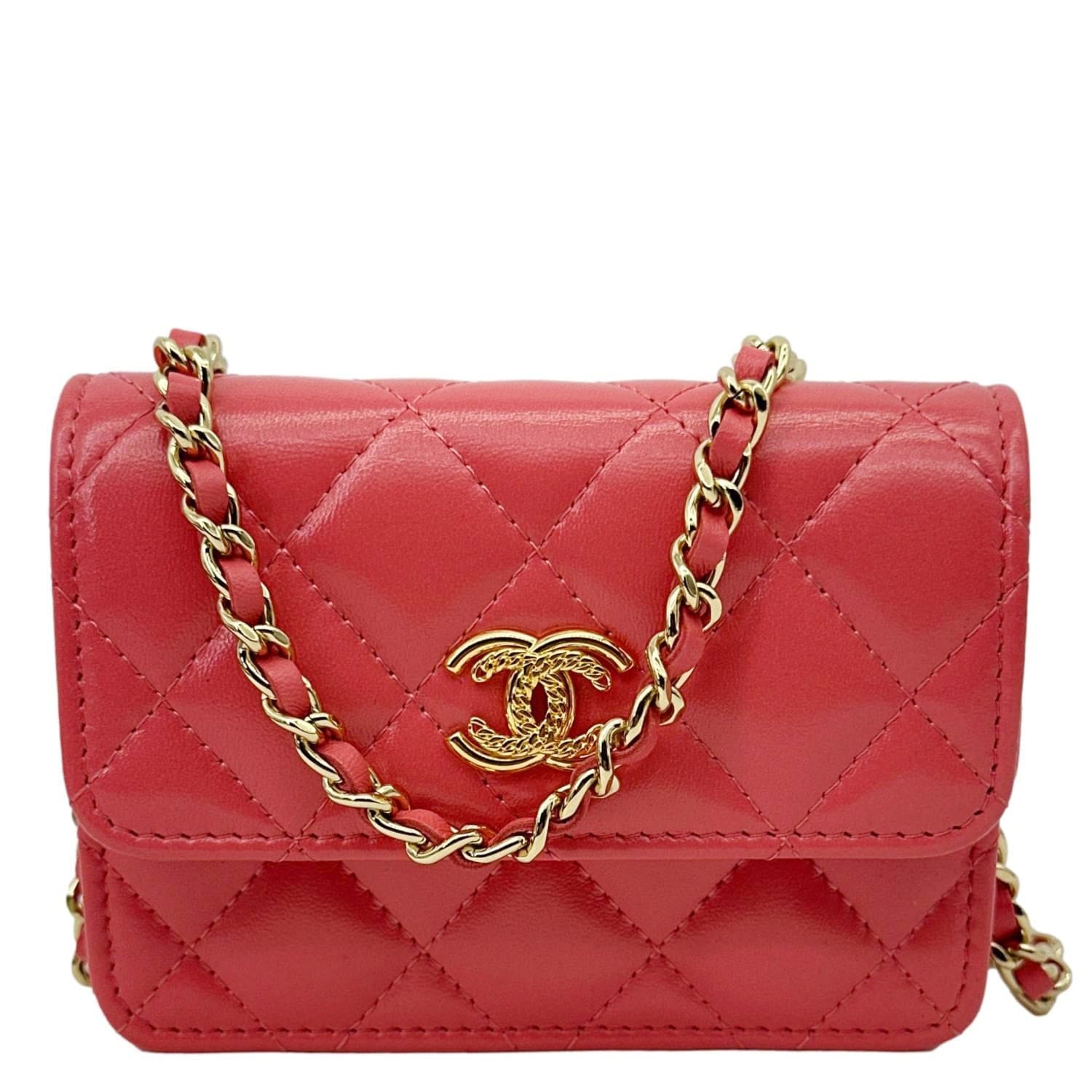 CHANEL Shiny Quilted Lambskin Leather Card Holder On Chain Red
