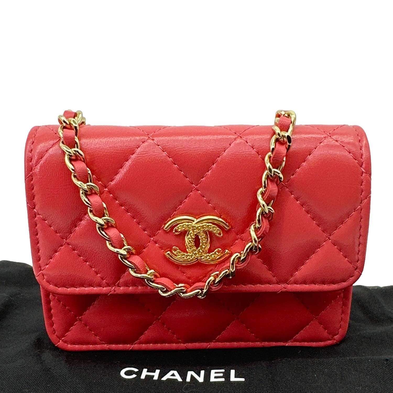 CHANEL Shiny Quilted Lambskin Leather Card Holder On Chain Red