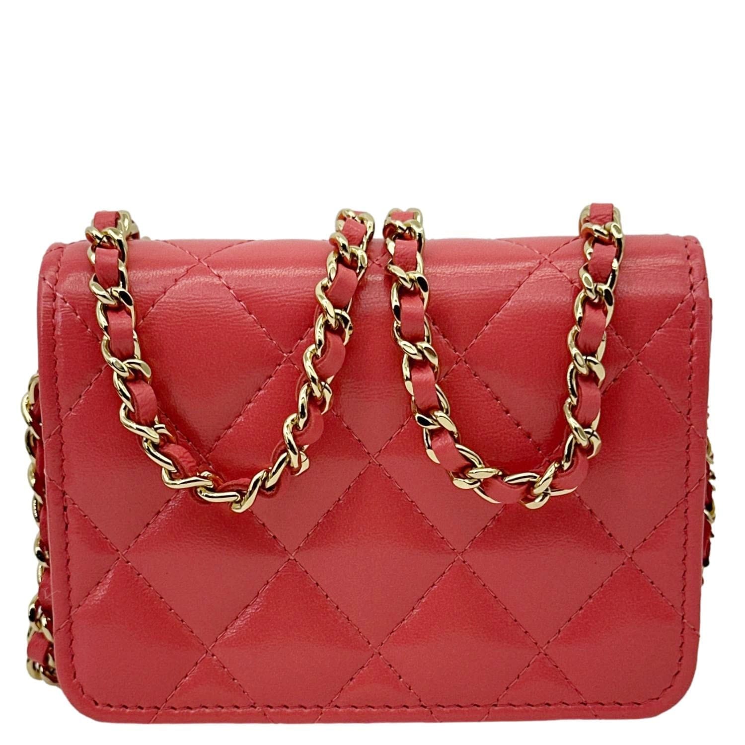 CHANEL Shiny Quilted Lambskin Leather Card Holder On Chain Red