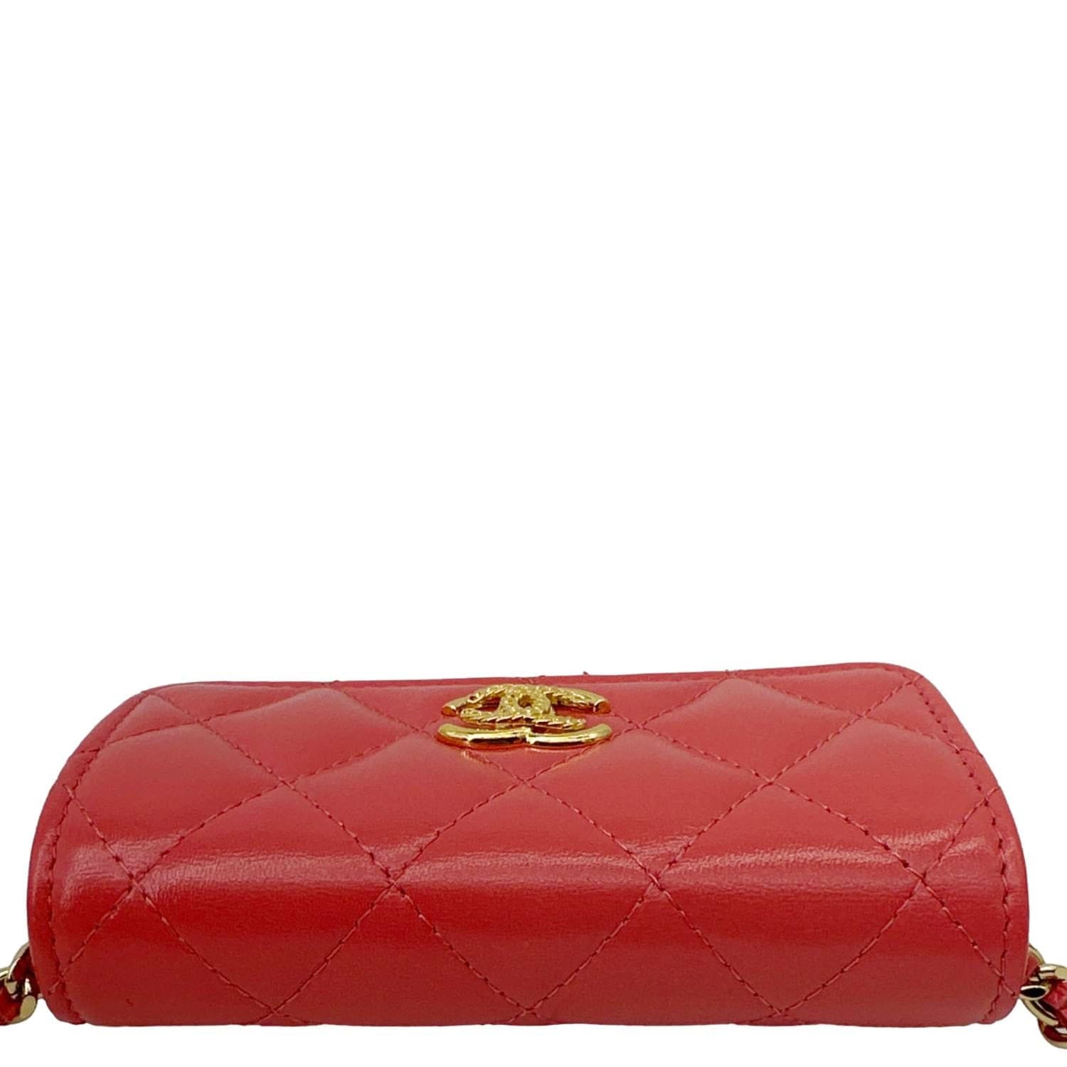 CHANEL Shiny Quilted Lambskin Leather Card Holder On Chain Red