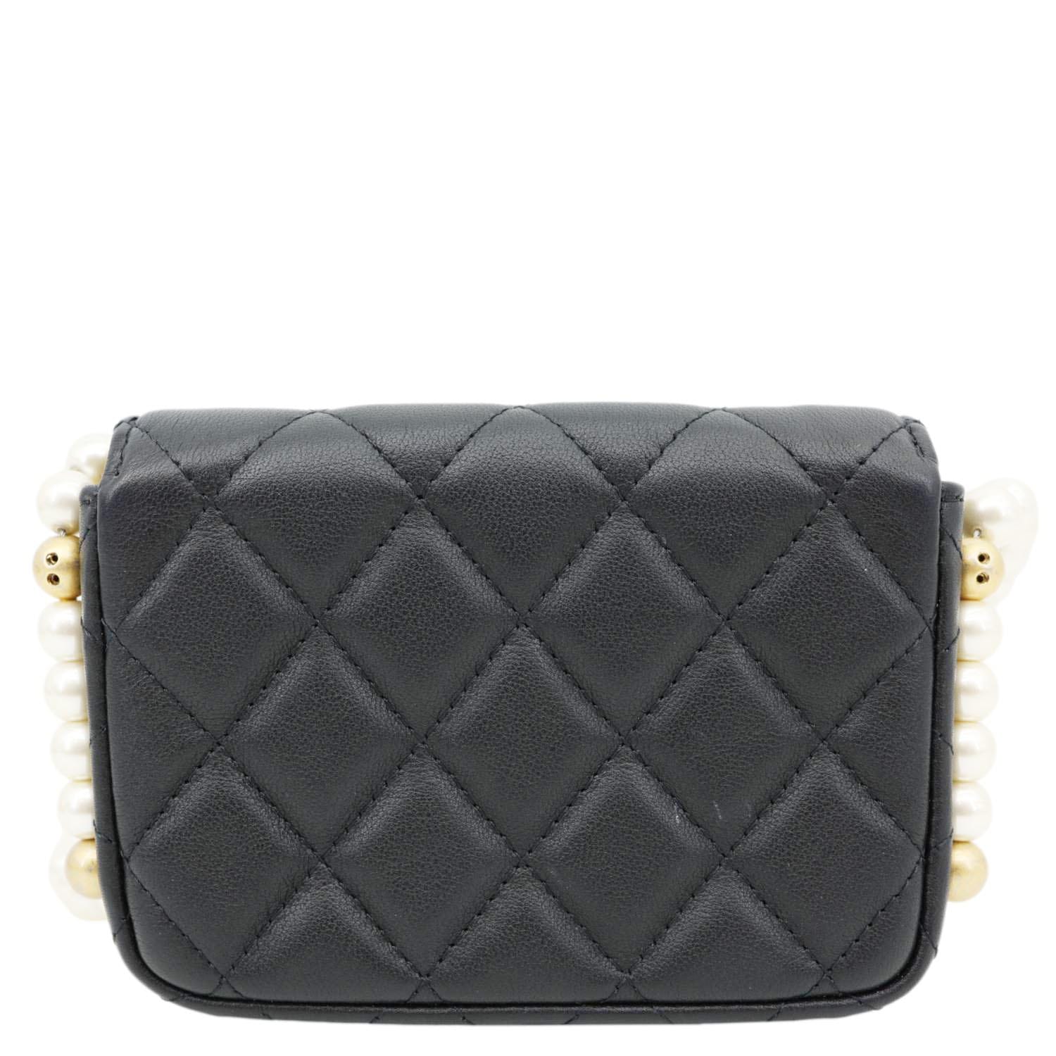 CHANEL Flap Pearls Strap Quilted Calfskin Leather Card Holder Black