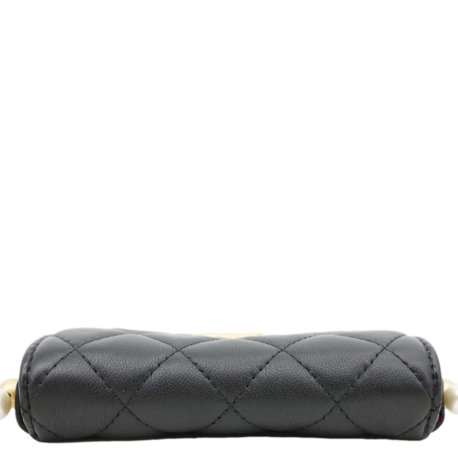 CHANEL Flap Pearls Strap Quilted Calfskin Leather Card Holder Black