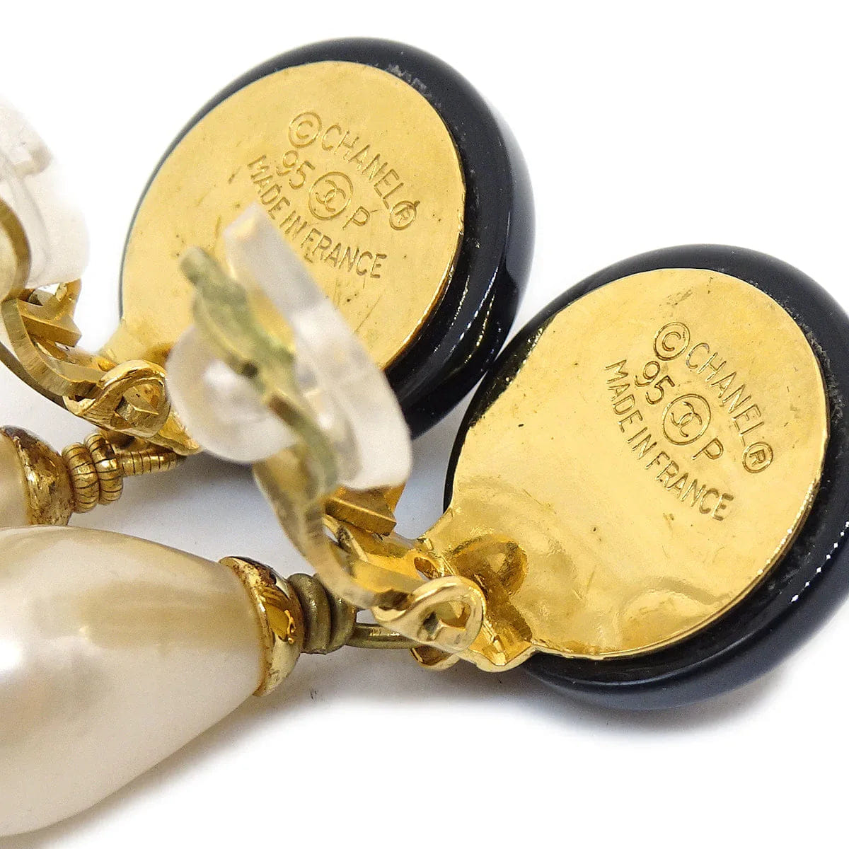 Chanel 1995 CC Black & Faux Teardrop Pearl Dangle Earrings
