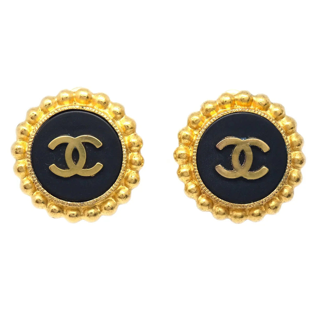 Chanel Button Earrings Gold Black Clip - On 93A