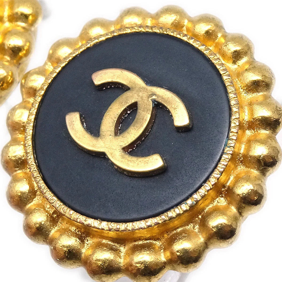 Chanel Button Earrings Gold Black Clip - On 93A