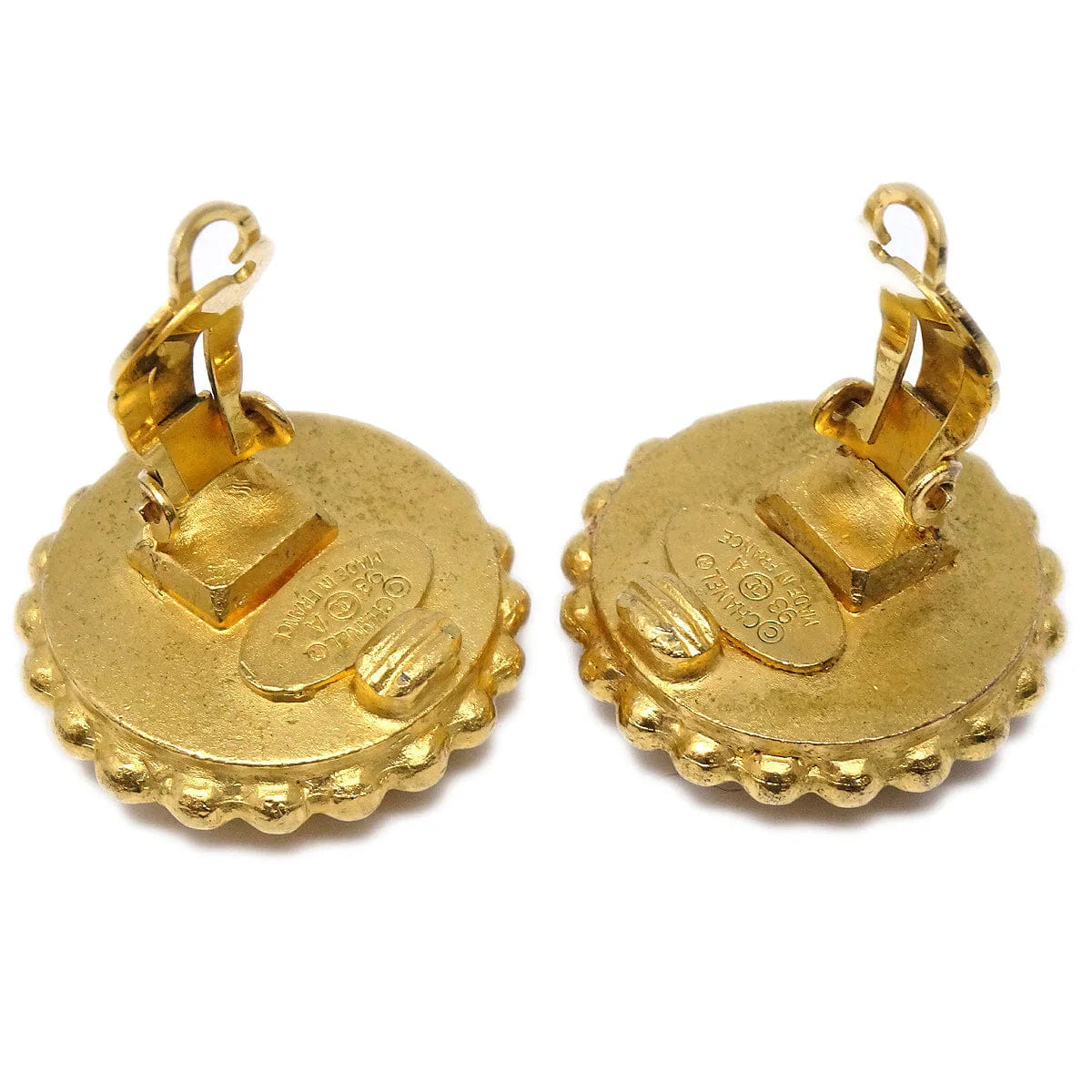 Chanel Button Earrings Gold Black Clip - On 93A