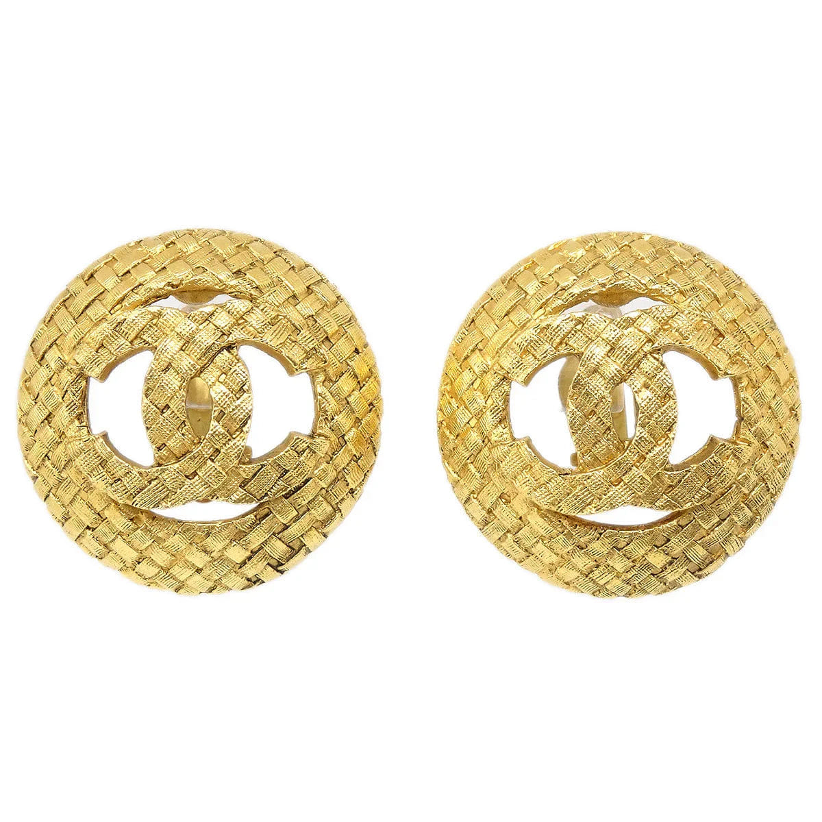 Chanel 1994 Woven CC Cutout Round Earrings Gold Clip - On 2889