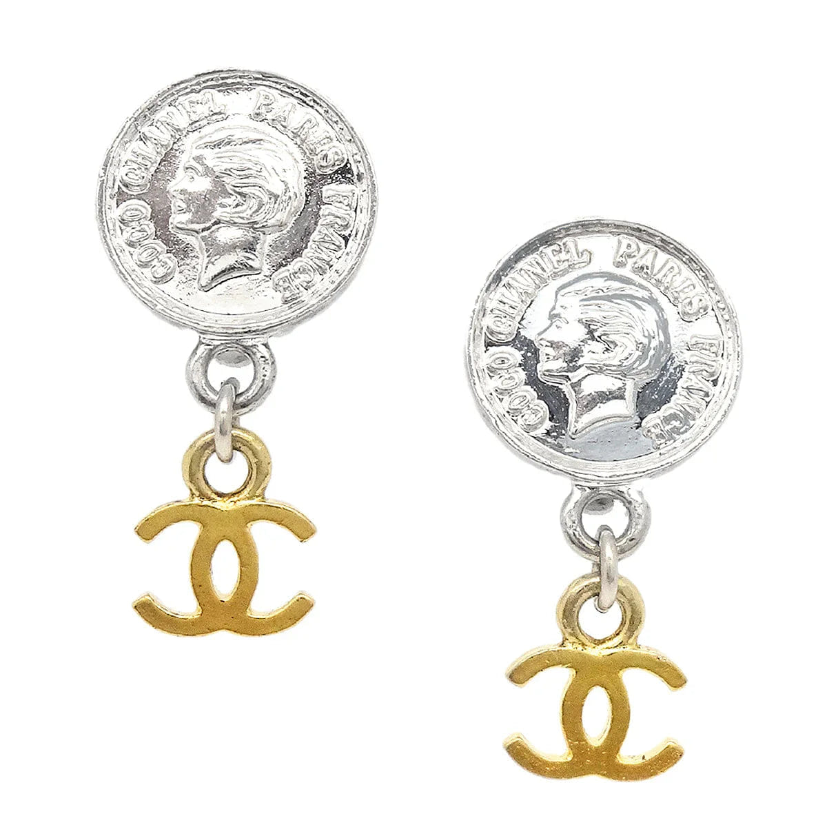 Chanel Medallion Dangle Earrings Gold Silver Clip - On 97P