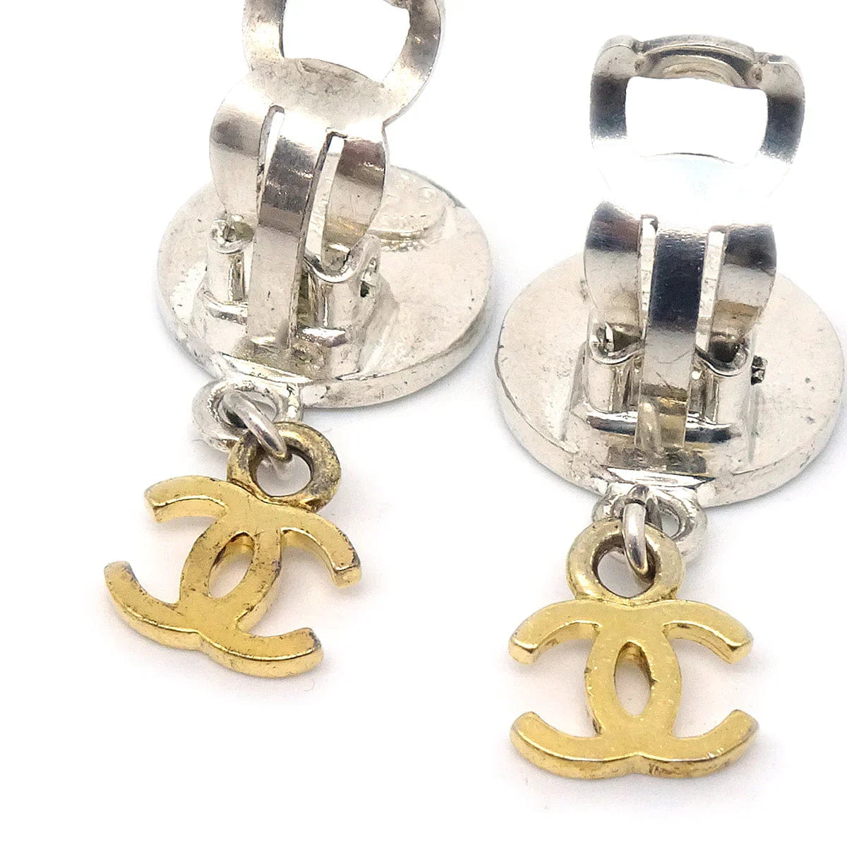 Chanel Medallion Dangle Earrings Gold Silver Clip - On 97P