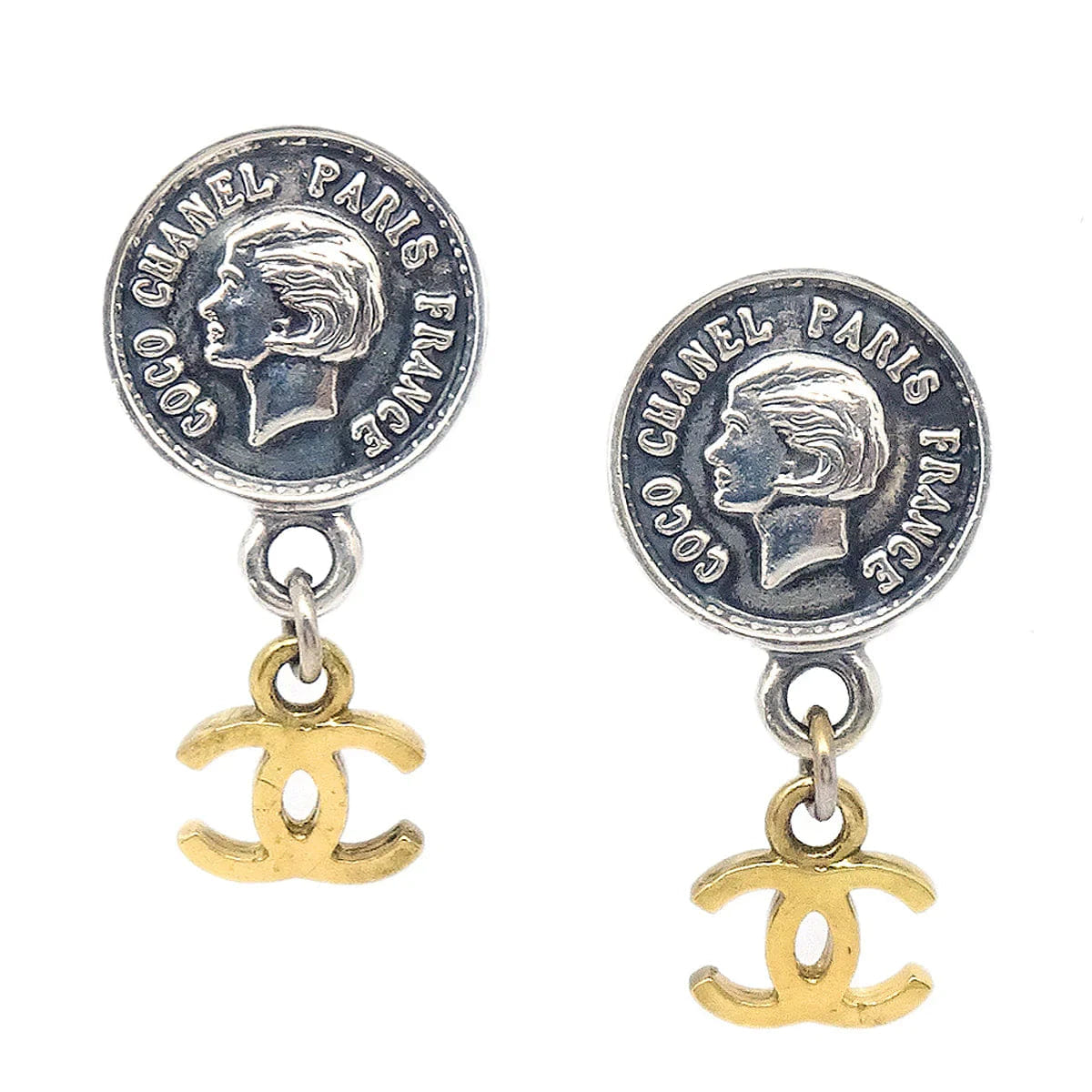 Chanel Medallion Dangle Earrings Gold Silver Clip - On 96P