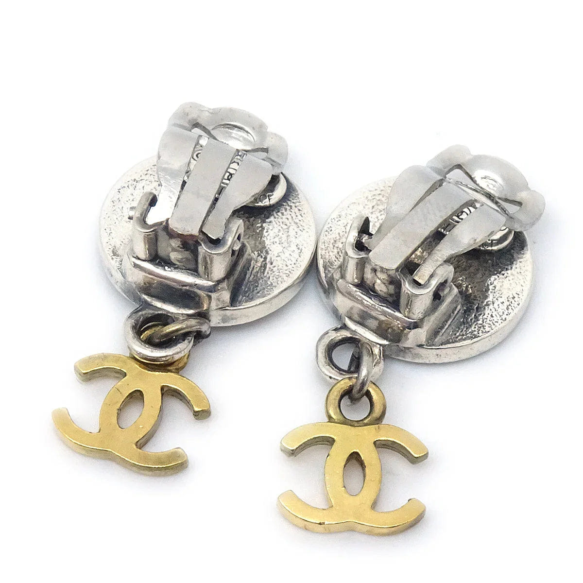 Chanel Medallion Dangle Earrings Gold Silver Clip - On 96P
