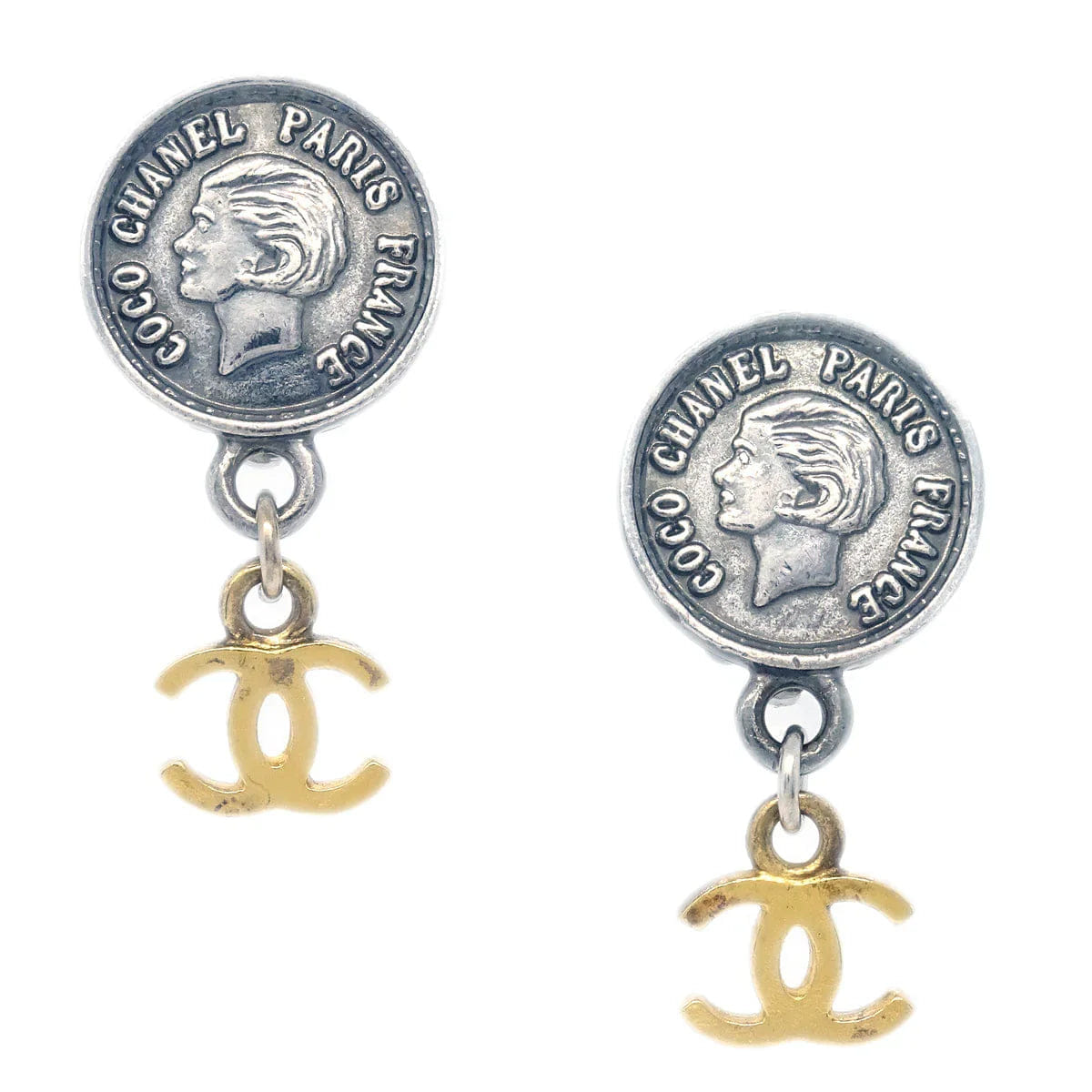 Chanel Silver Medallion Dangle CC Earrings Clip - On 96P