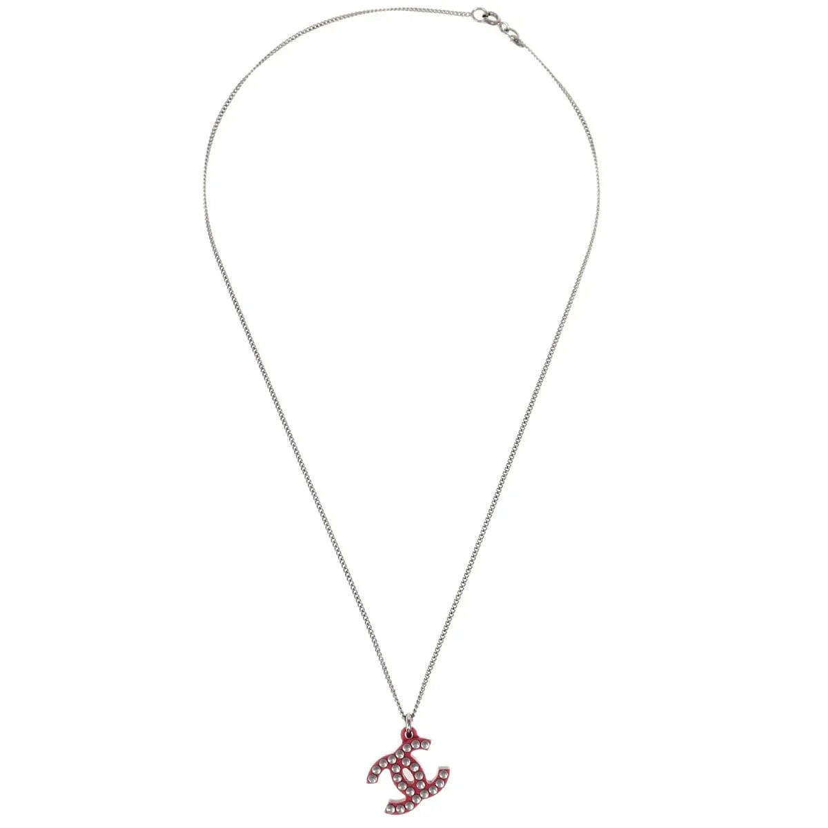 Chanel CC Chain Pendant Necklace Acrylic Silver Red 05P