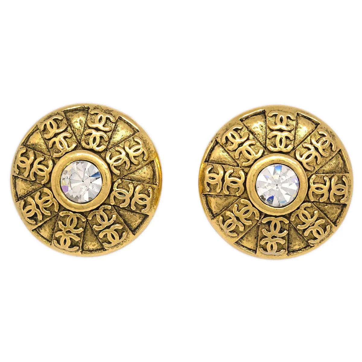 Chanel Gold Button Earrings Clip - On Rhinestone 23