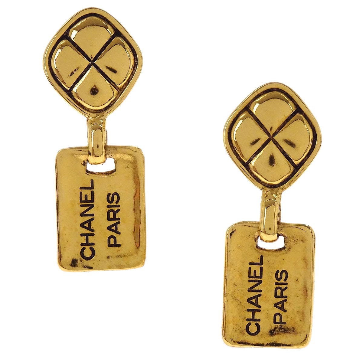 Chanel Dangle Clip - On Earrings Rectangle Rhombus Gold 2448