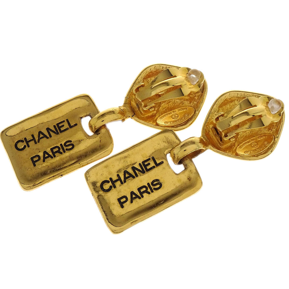 Chanel Dangle Clip - On Earrings Rectangle Rhombus Gold 2448