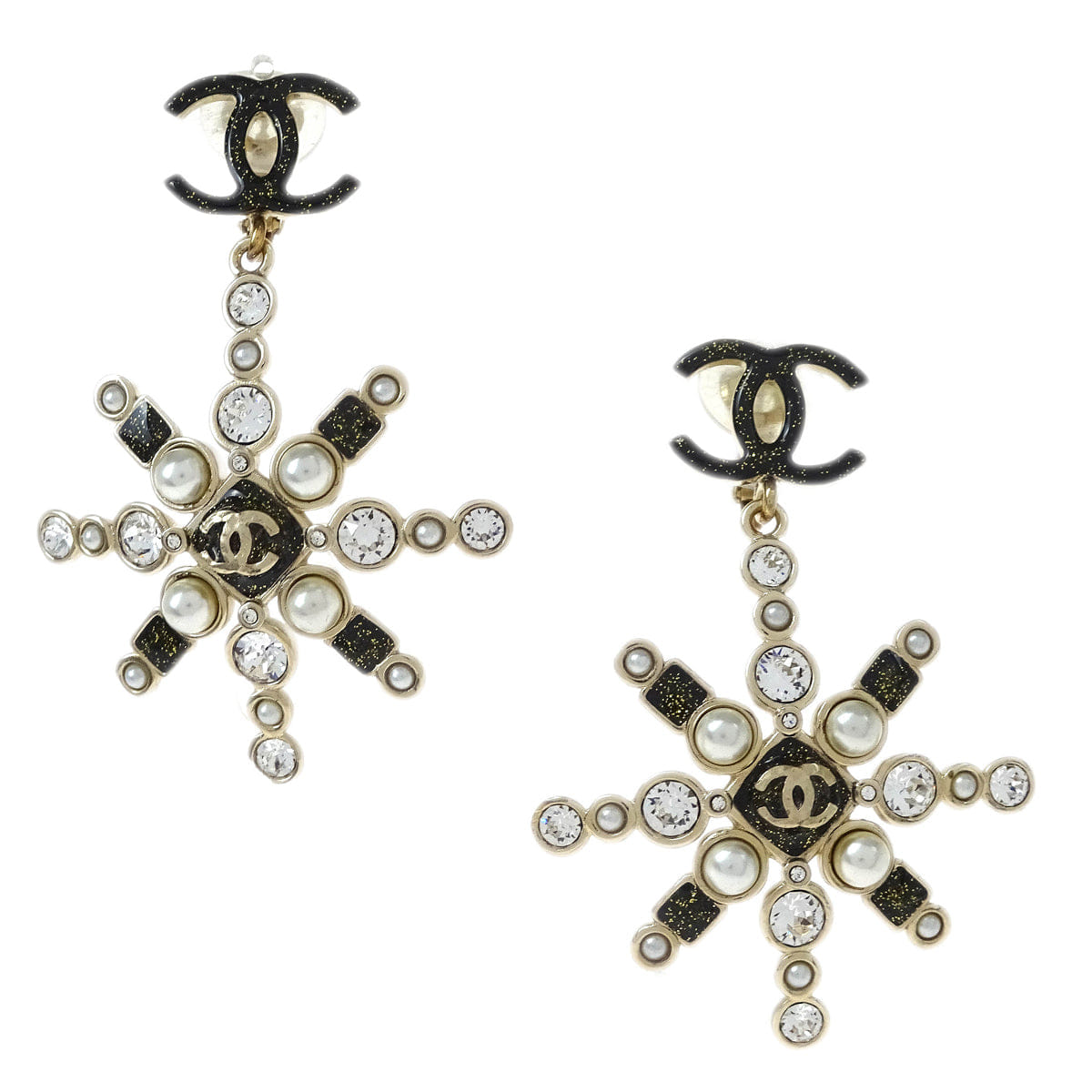 Chanel Snowflake Dangle Earrings Clip - On Gold Rhinestone B19B