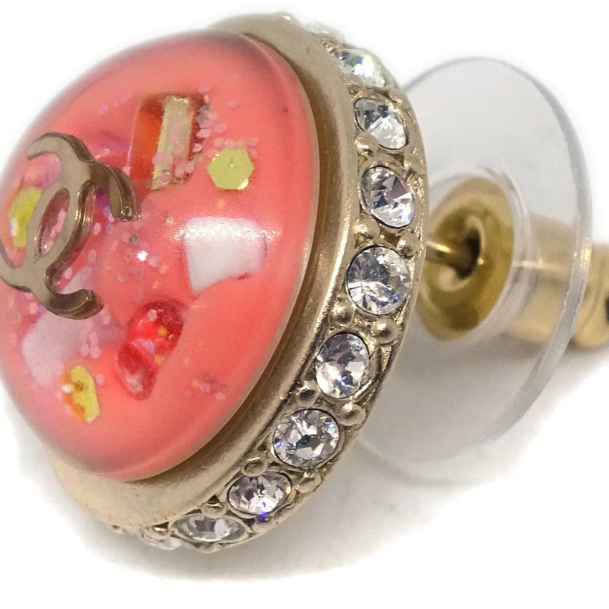 Chanel Button Piercing Earrings Rhinestone Pink 09C