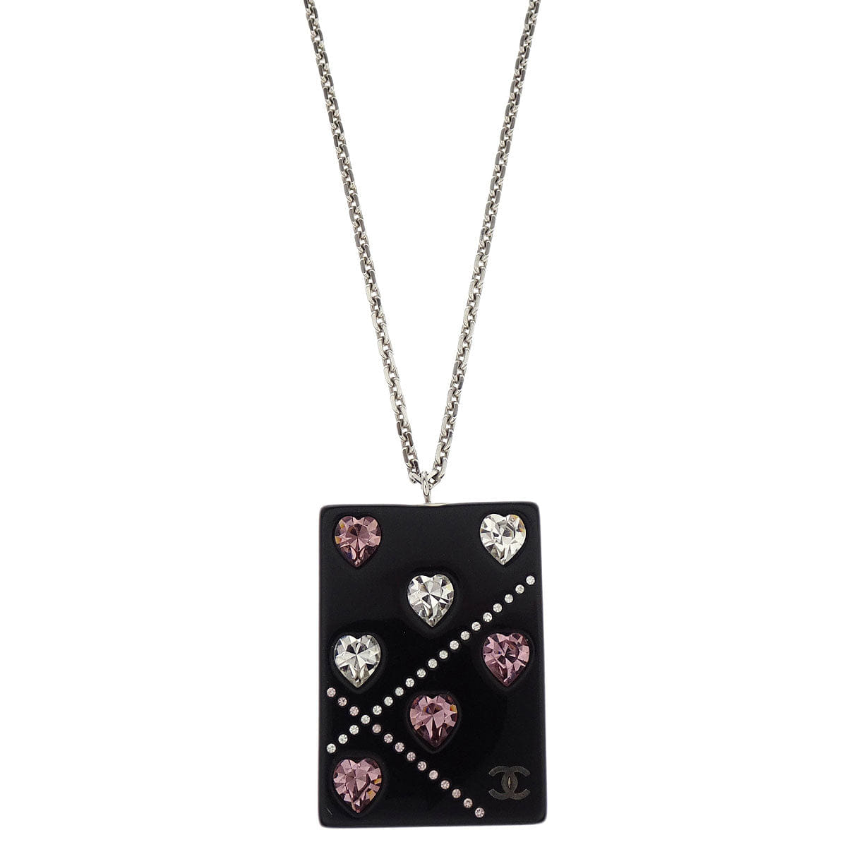 Chanel Silver Acrylic Rectangle Pendant Necklace Rhinestone 04A