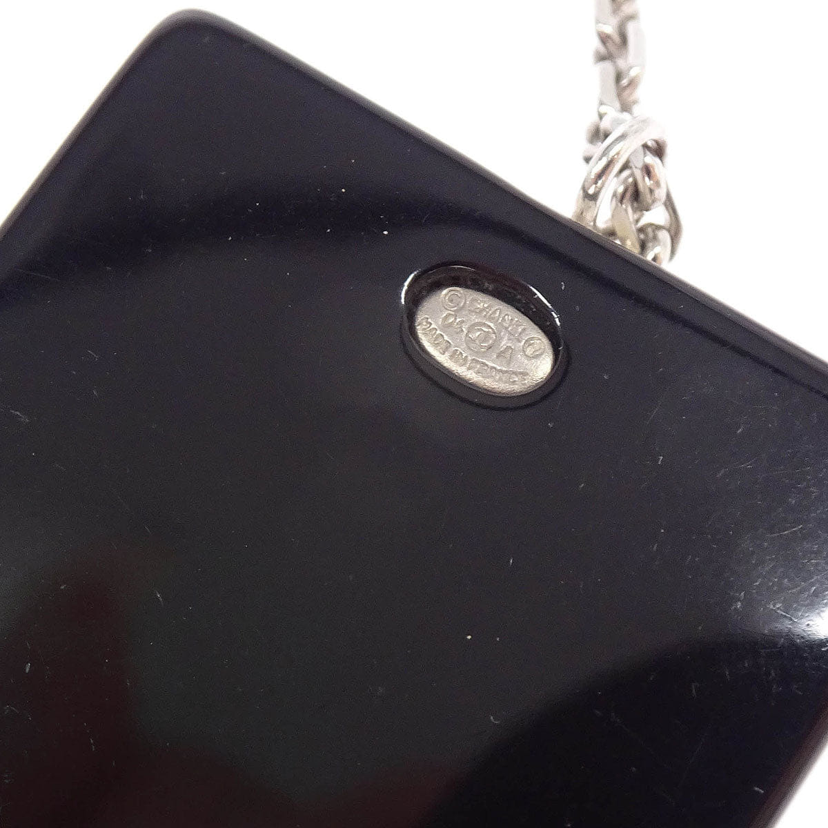 Chanel Silver Acrylic Rectangle Pendant Necklace Rhinestone 04A