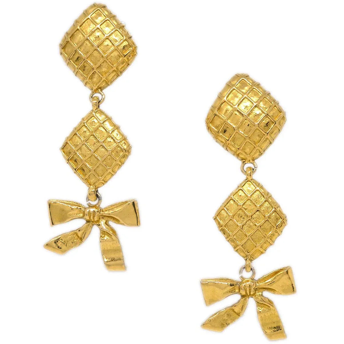 Chanel Dangle Earrings Bow Rhombus Clip - On Gold