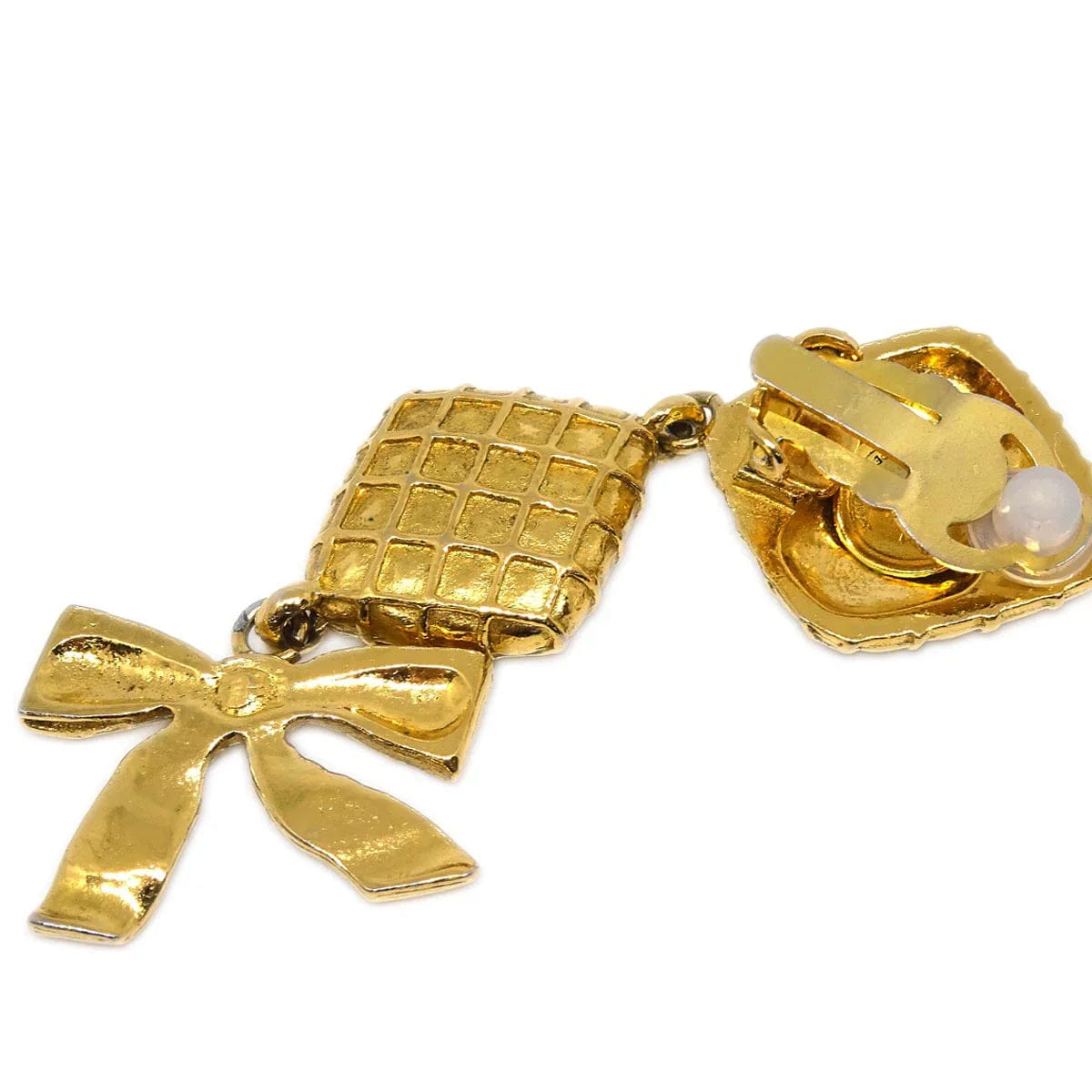 Chanel Dangle Earrings Bow Rhombus Clip - On Gold