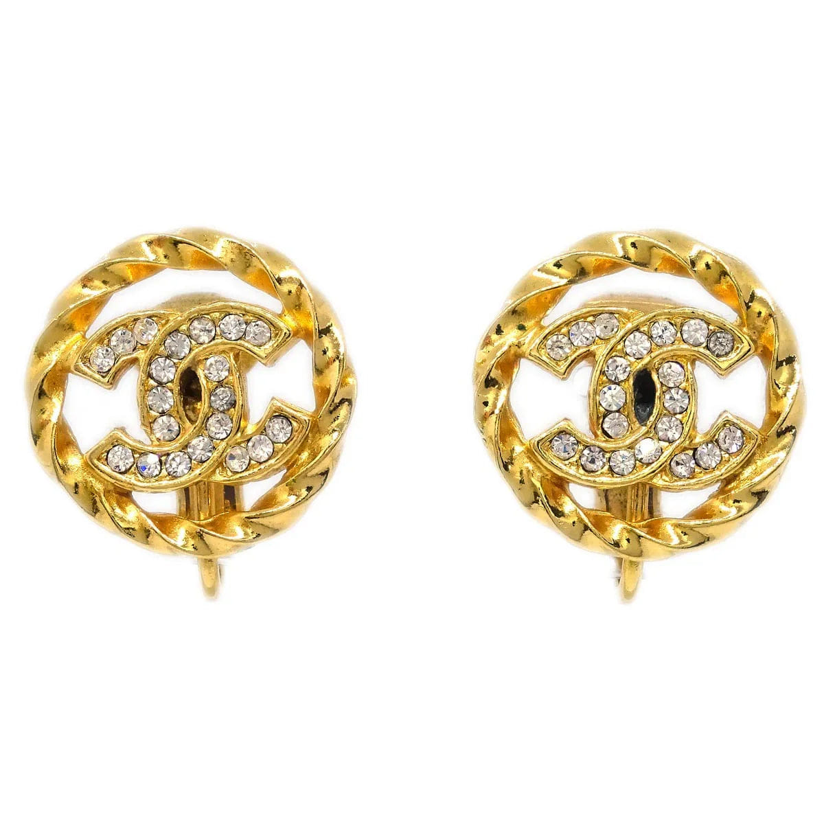 Chanel Gold Button Earrings Clip - On Rhinestone 2137