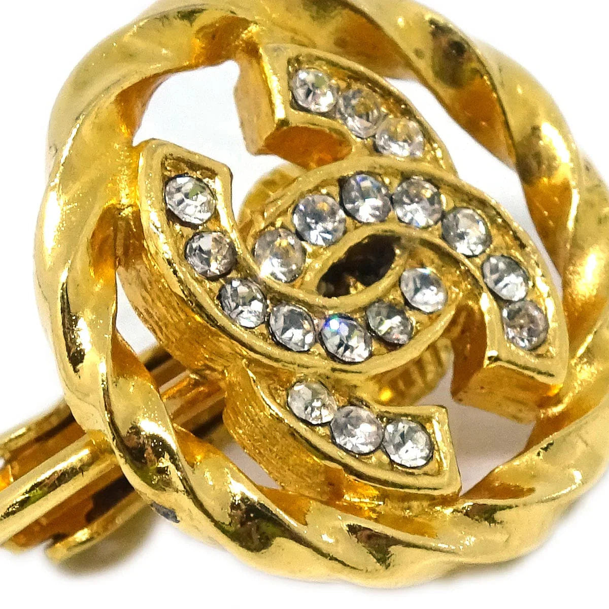Chanel Gold Button Earrings Clip - On Rhinestone 2137