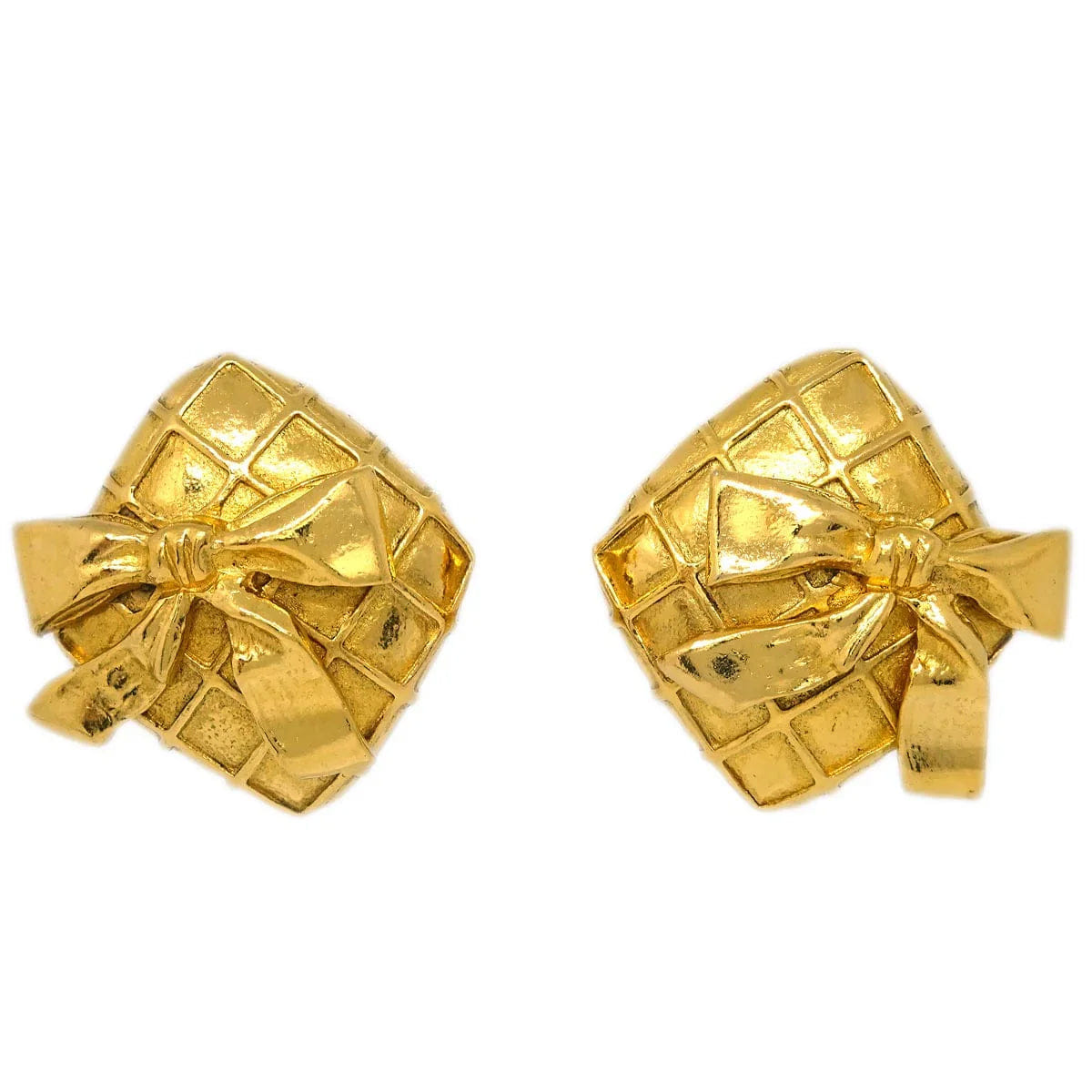 Chanel Rhombus Bow Earrings Clip - On Gold