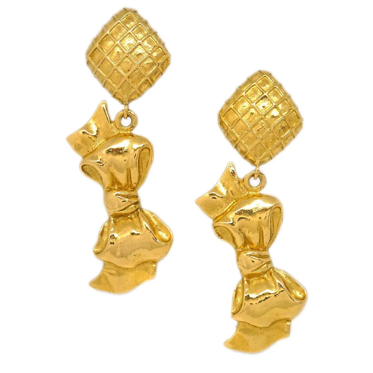 Chanel Bow Rhombus Dangle Earrings Clip - On Gold
