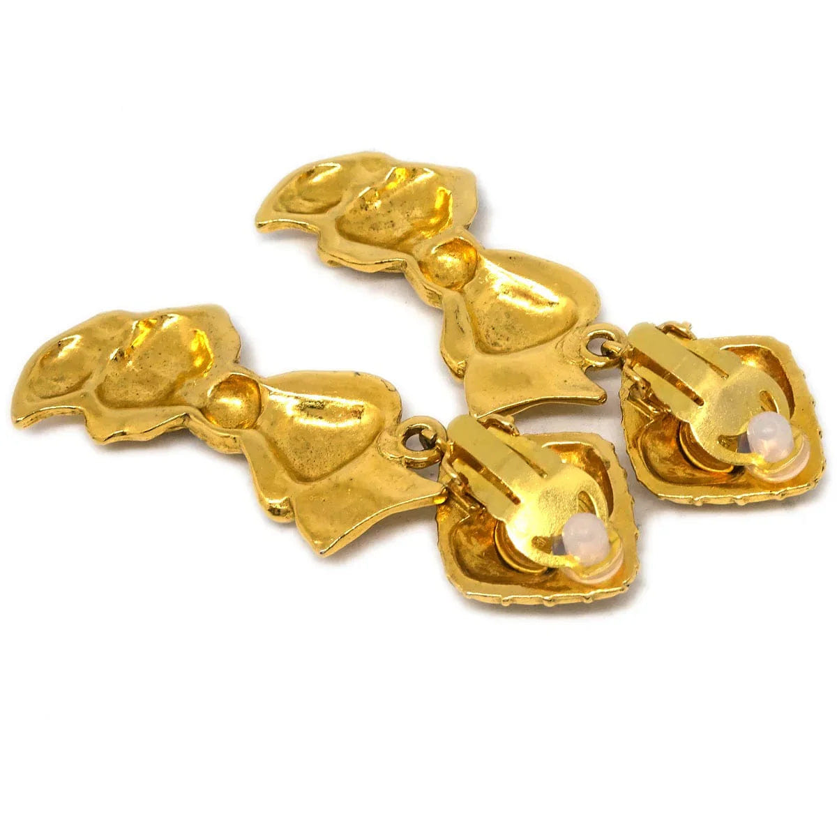 Chanel Bow Rhombus Dangle Earrings Clip - On Gold