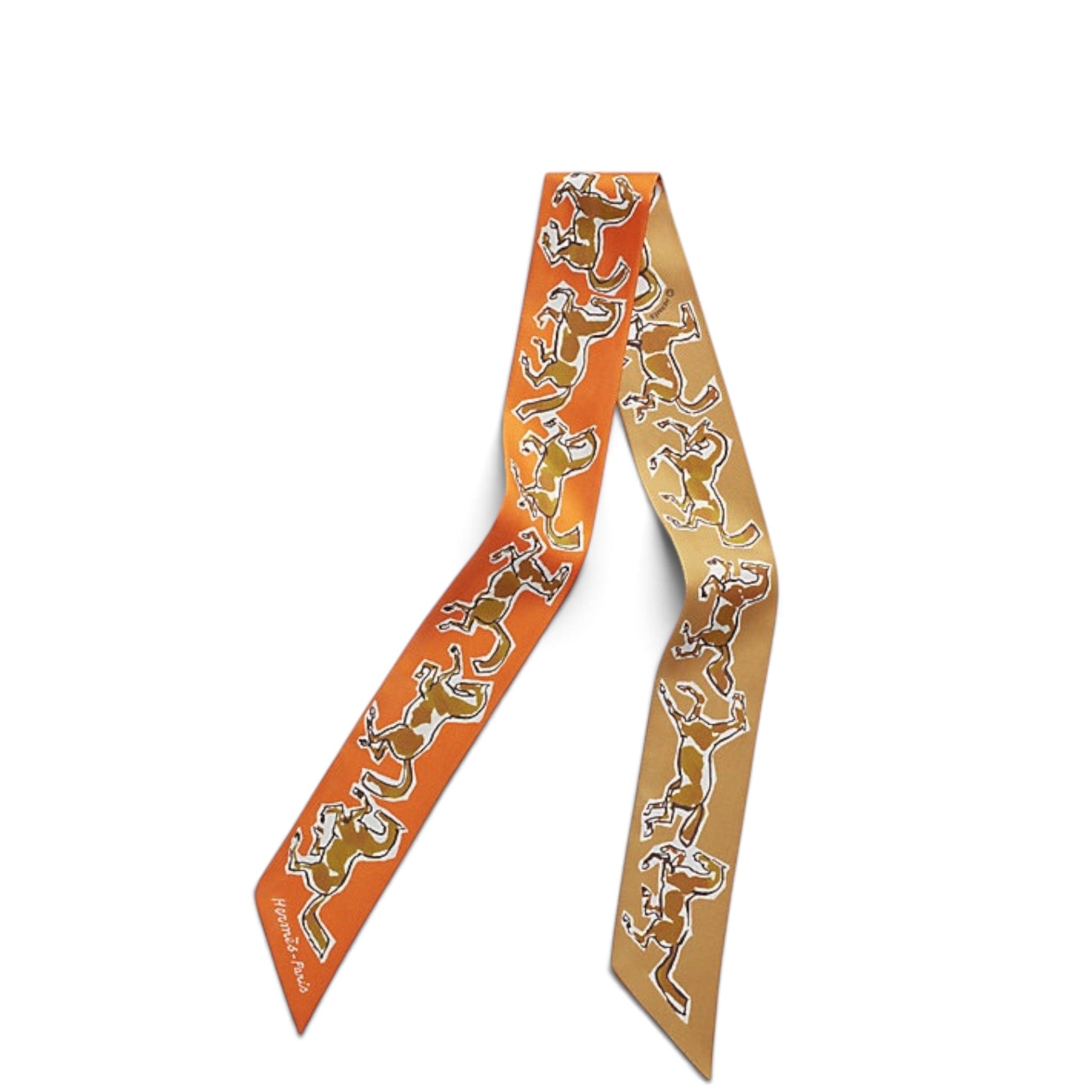 Hermes Chevaux Liberte Orange Twilly Silk Ribbon
