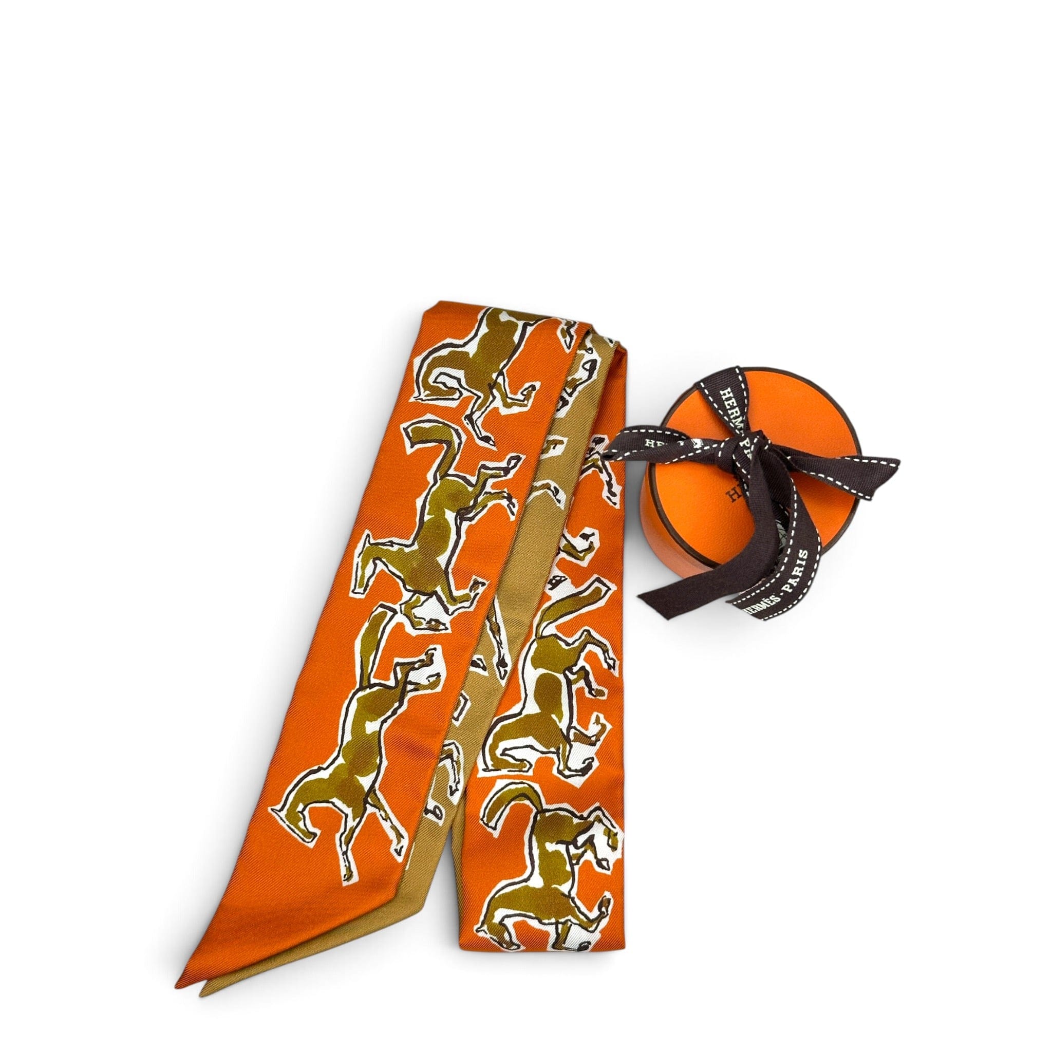 Hermes Chevaux Liberte Orange Twilly Silk Ribbon