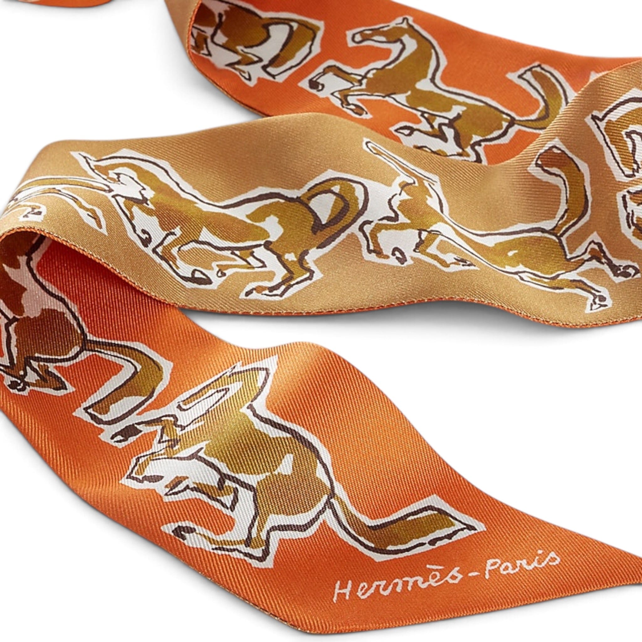 Hermes Chevaux Liberte Orange Twilly Silk Ribbon