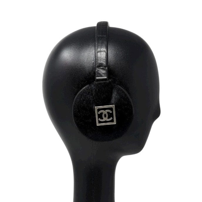 CHANEL Sport Vintage CC Mark Logo Earmuffs Black Silver Pony Calf Hair Leather