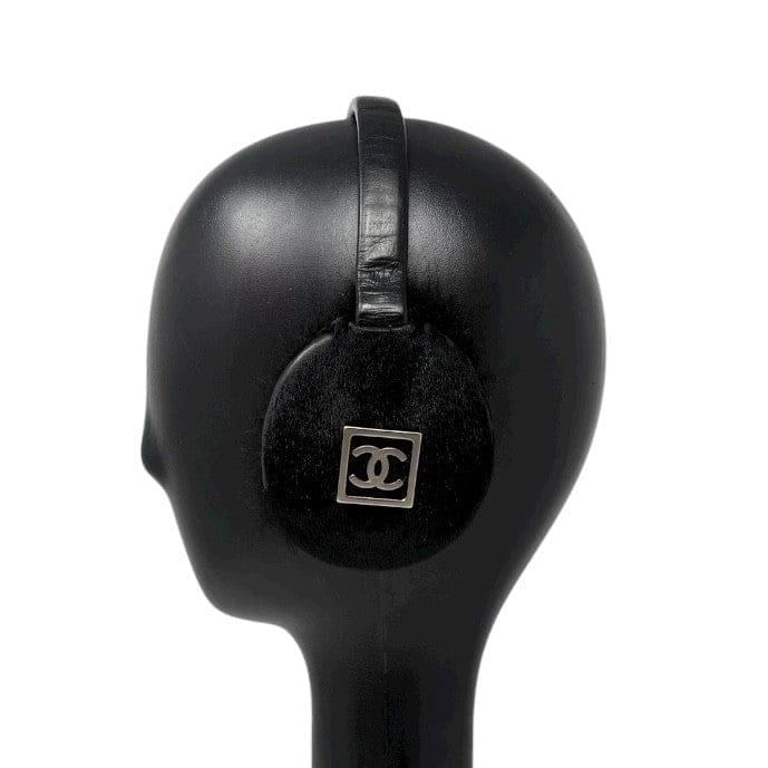 CHANEL Sport Vintage CC Mark Logo Earmuffs Black Silver Pony Calf Hair Leather