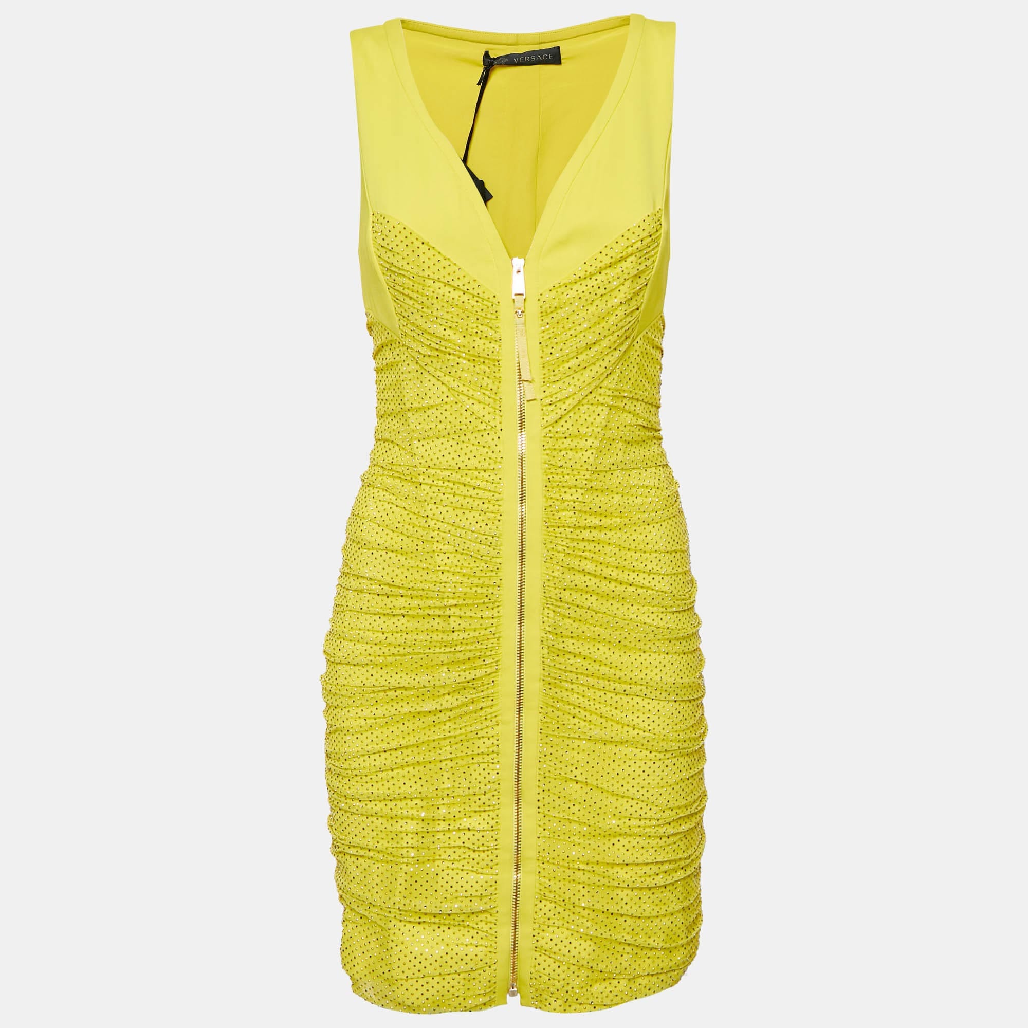 Versace Yellow Embellished Tulle And Jersey Ruche Mini Dress