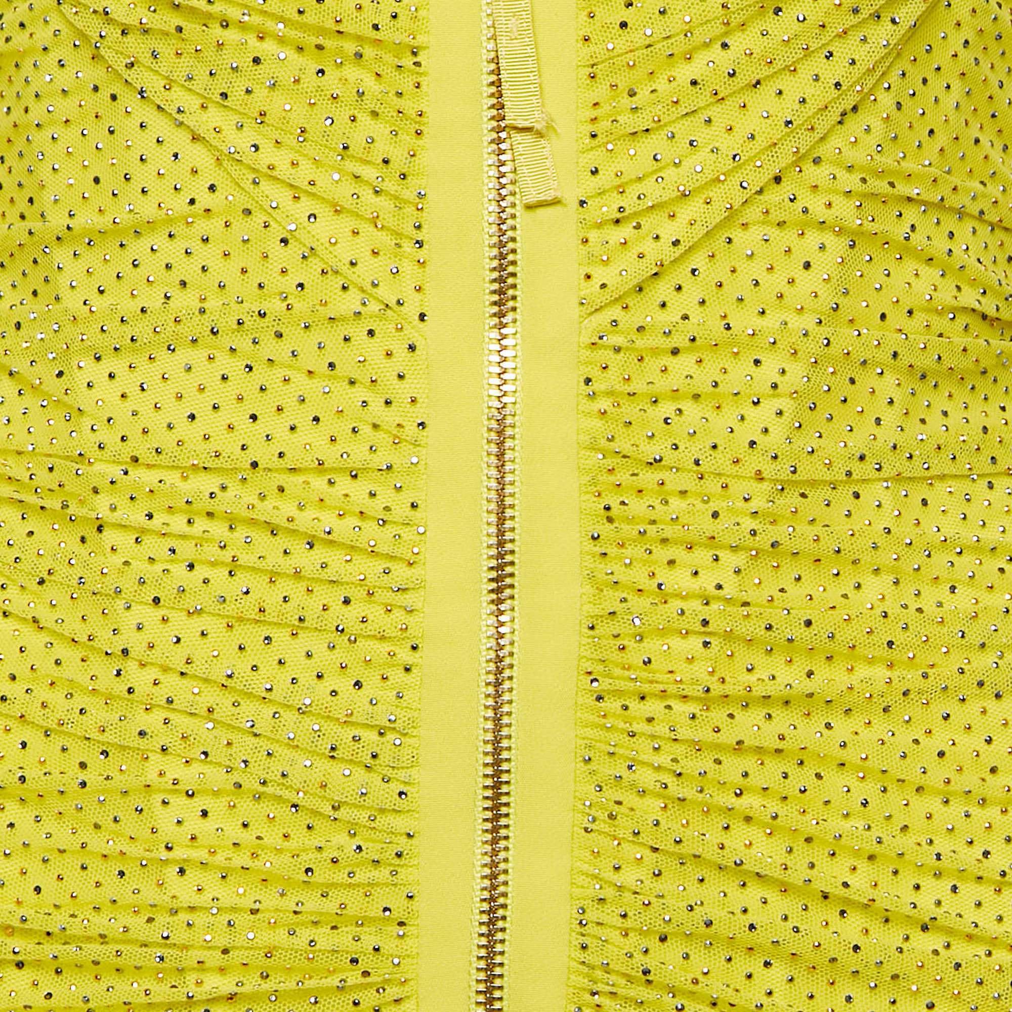 Versace Yellow Embellished Tulle And Jersey Ruche Mini Dress