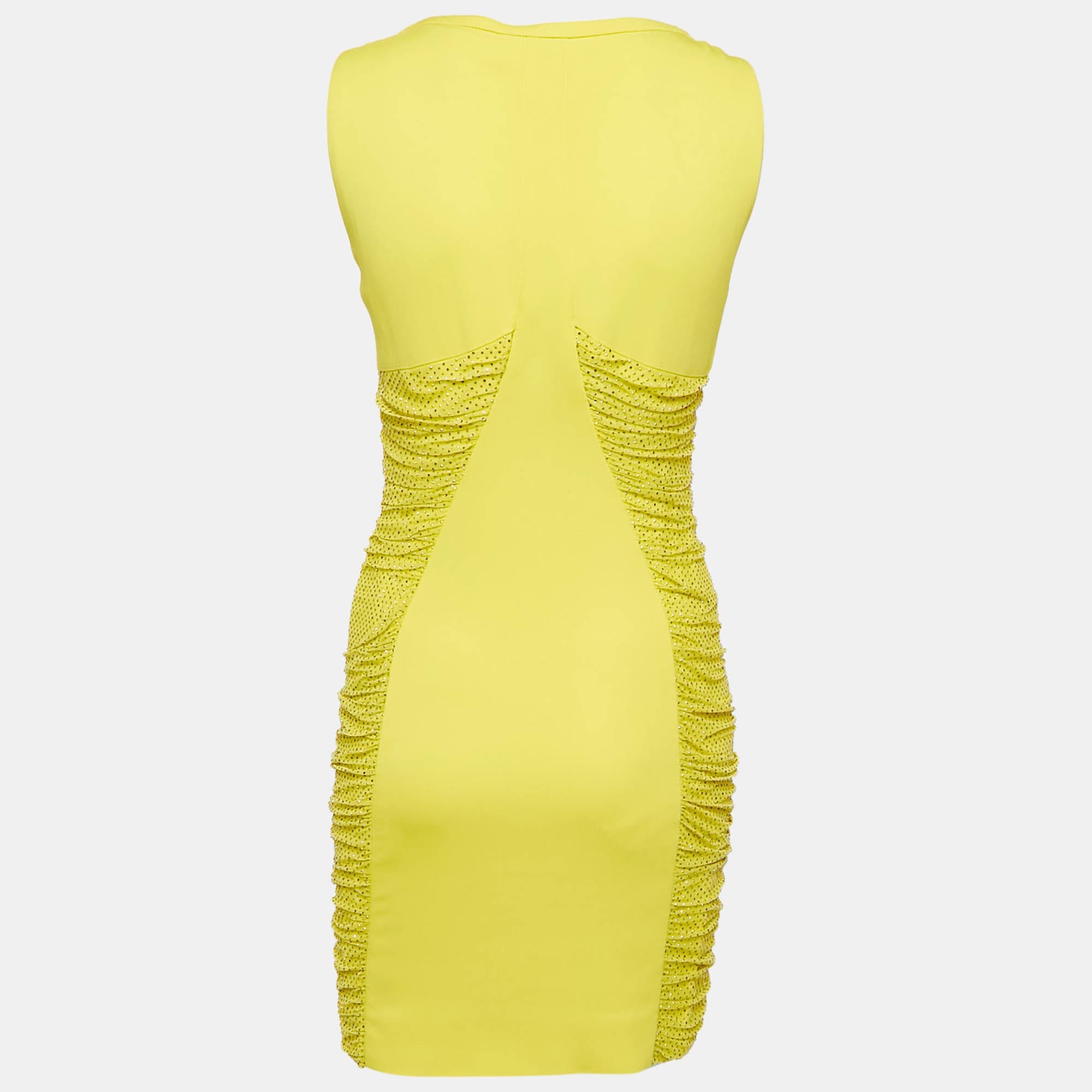 Versace Yellow Embellished Tulle And Jersey Ruche Mini Dress