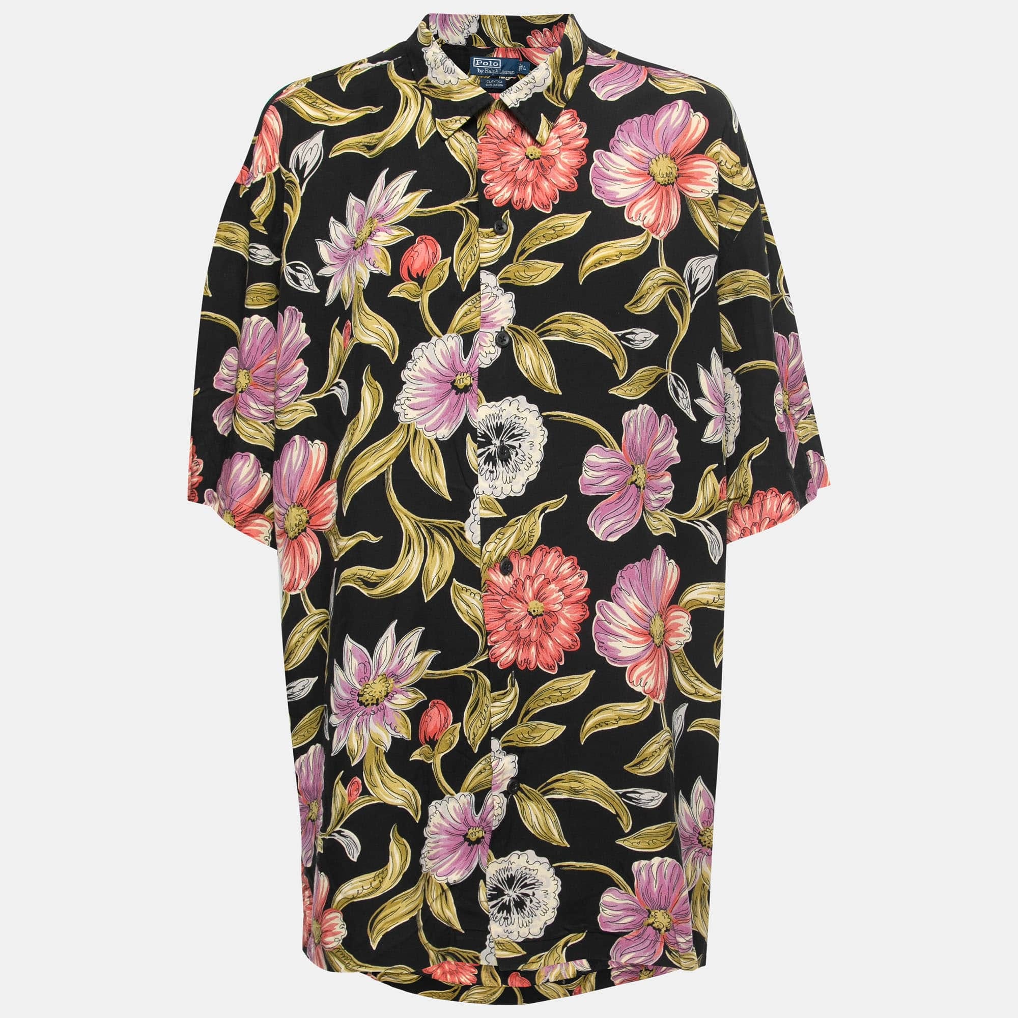 Polo Ralph Lauren Black Floral Printed Rayon Short Sleeve Shirt