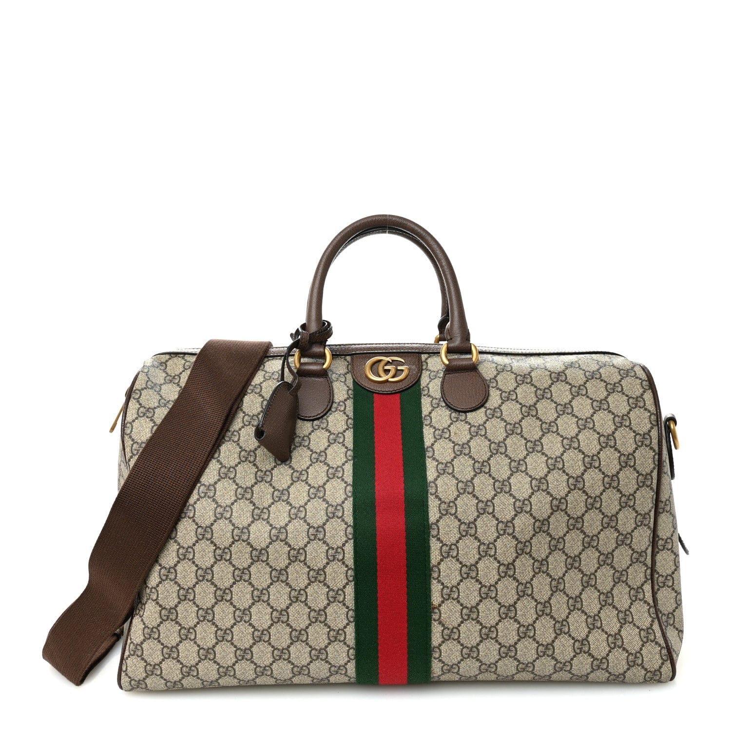 Gucci GG Supreme Monogram Textured Dollar Calfskin Web Medium Ophidia Carry - On Duffle Bag Beige Ebony New Acero
