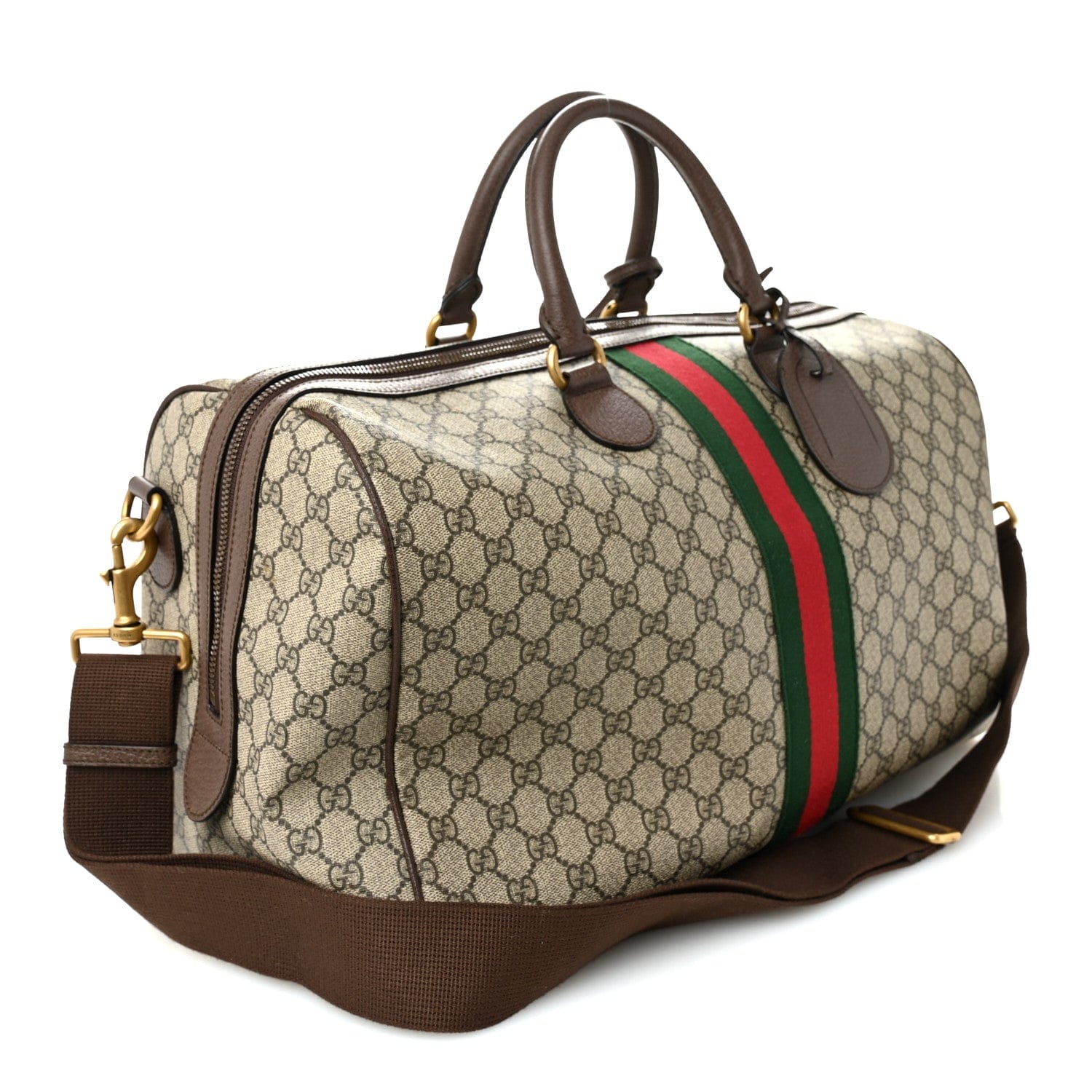 Gucci GG Supreme Monogram Textured Dollar Calfskin Web Medium Ophidia Carry - On Duffle Bag Beige Ebony New Acero