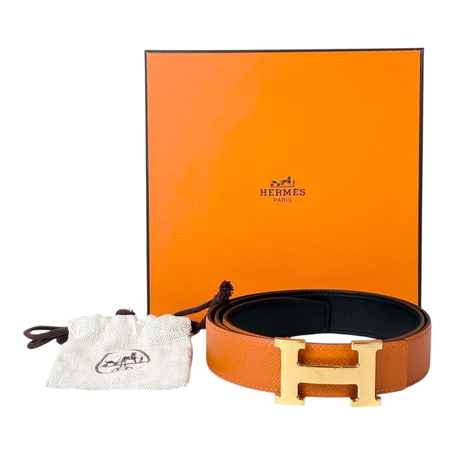 Hermes Reversible H Buckle Orange/Black Belt - size 95