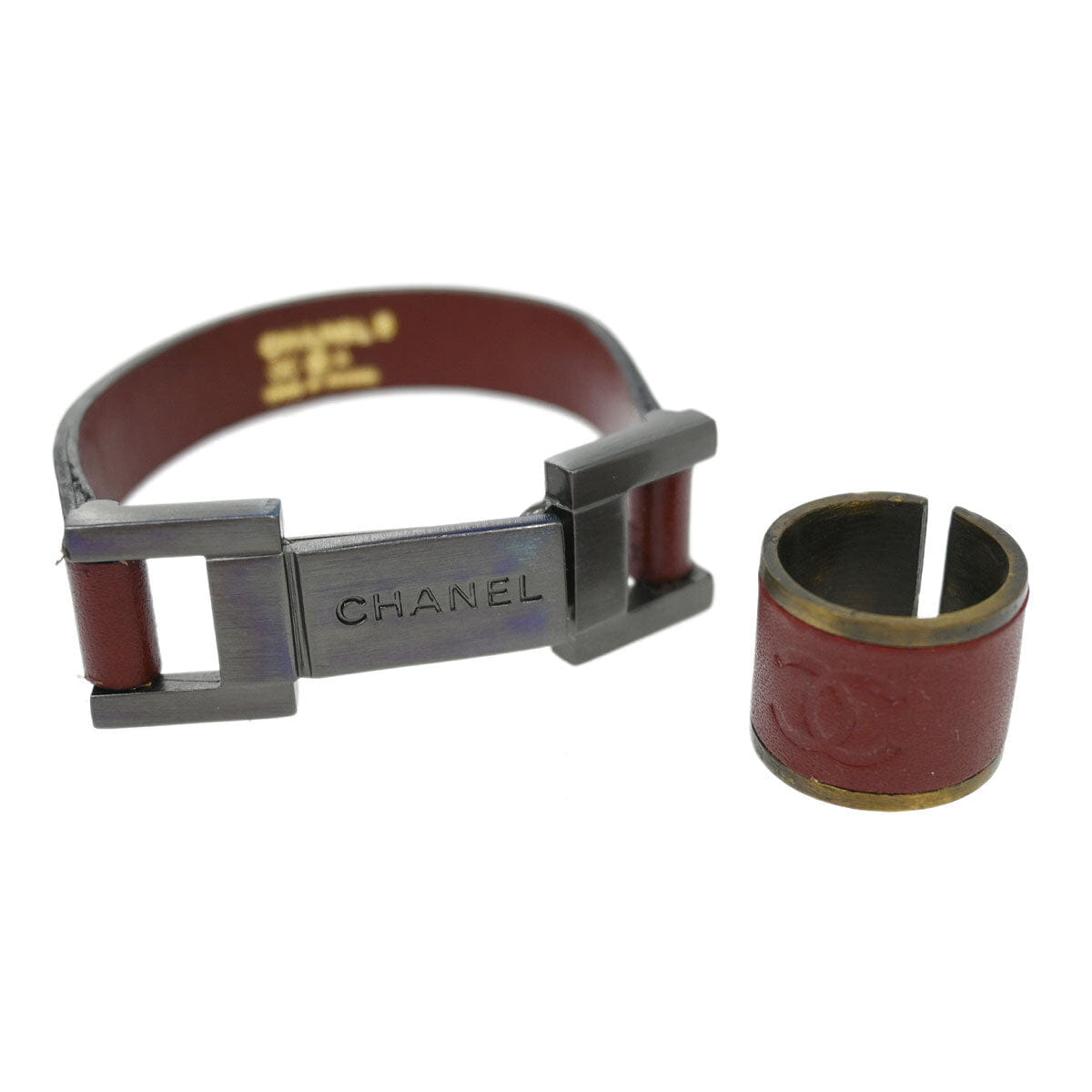 Chanel Leather Bracelet Ring Set Silver Brown 00A