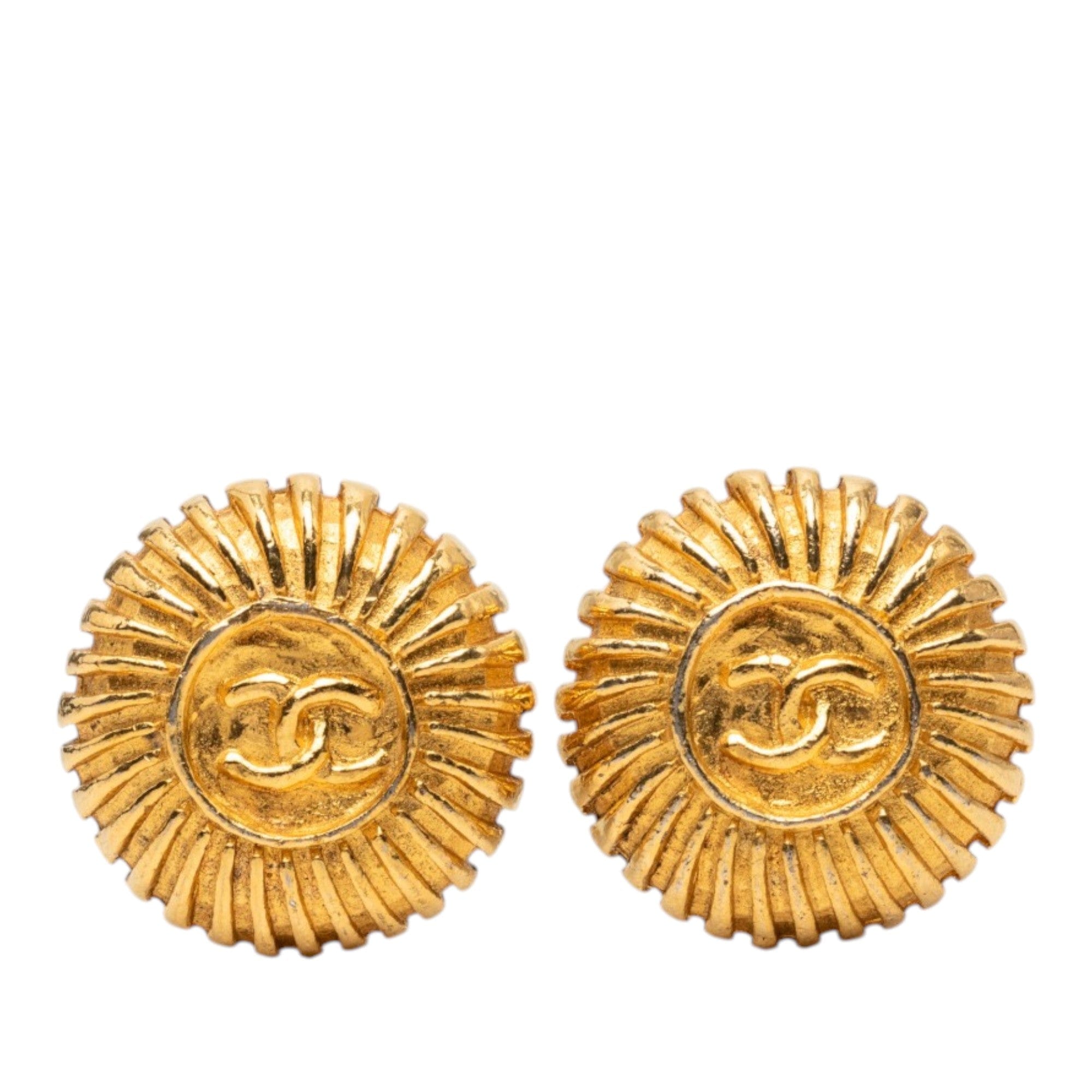 Chanel CC Gold Plated Sunburst Round Clip On Earrings