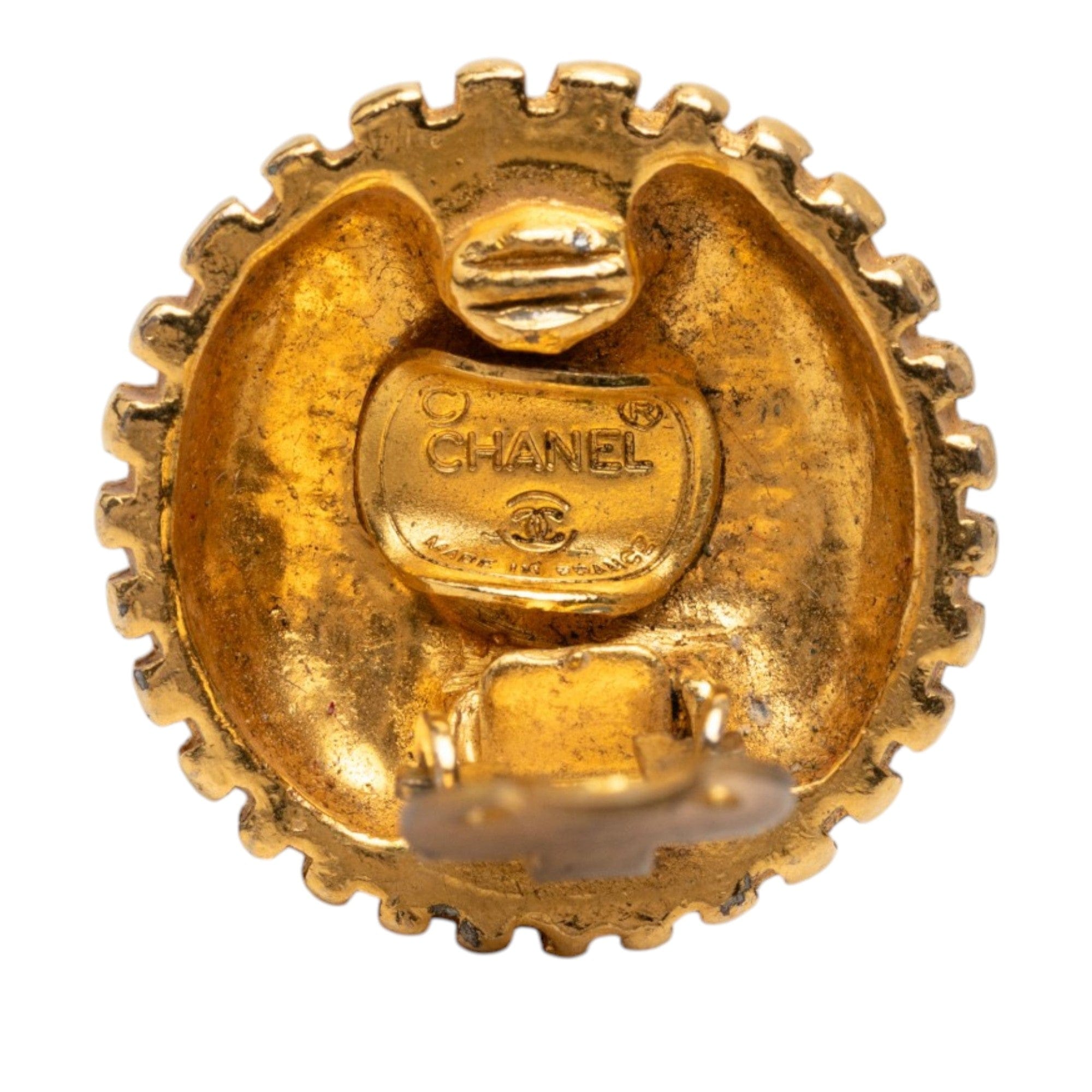 Chanel CC Gold Plated Sunburst Round Clip On Earrings