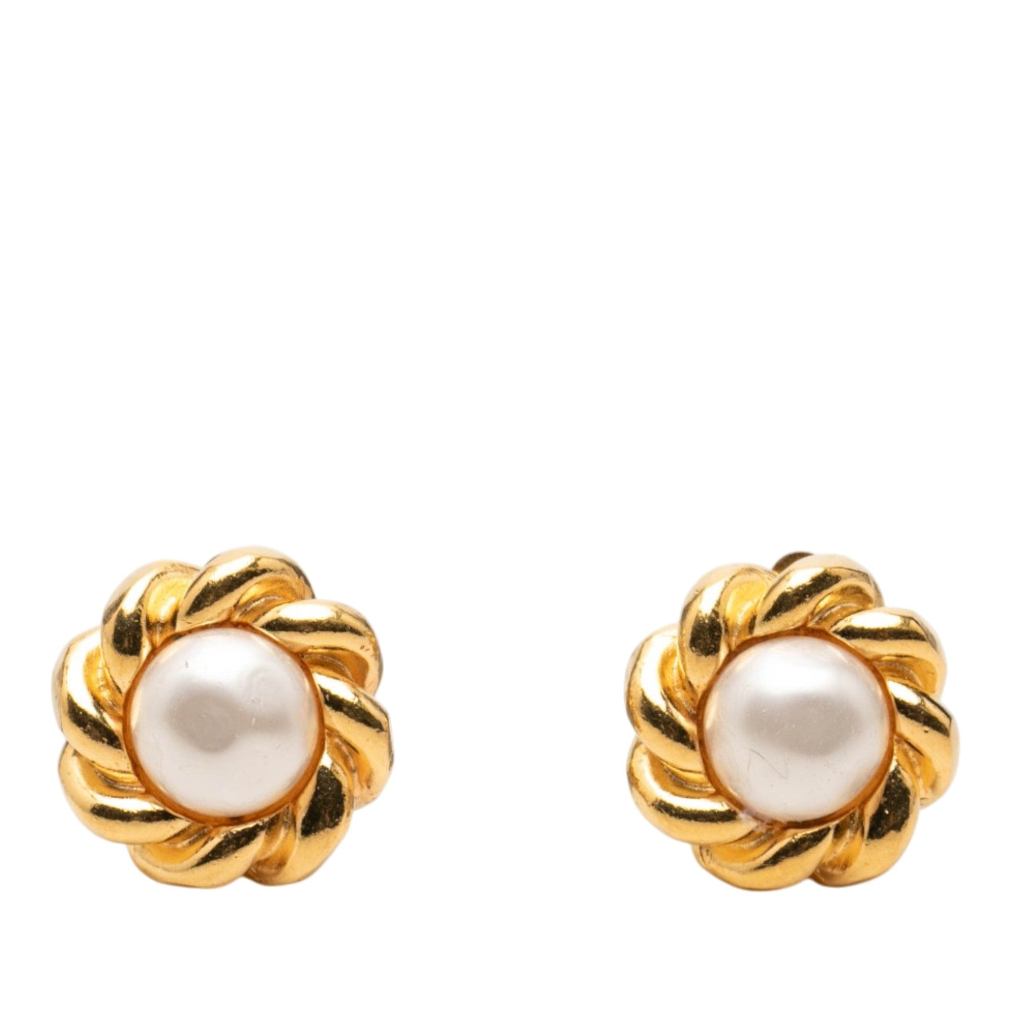Chanel Gold Plated Faux Pearl Flower Clip On Earrings