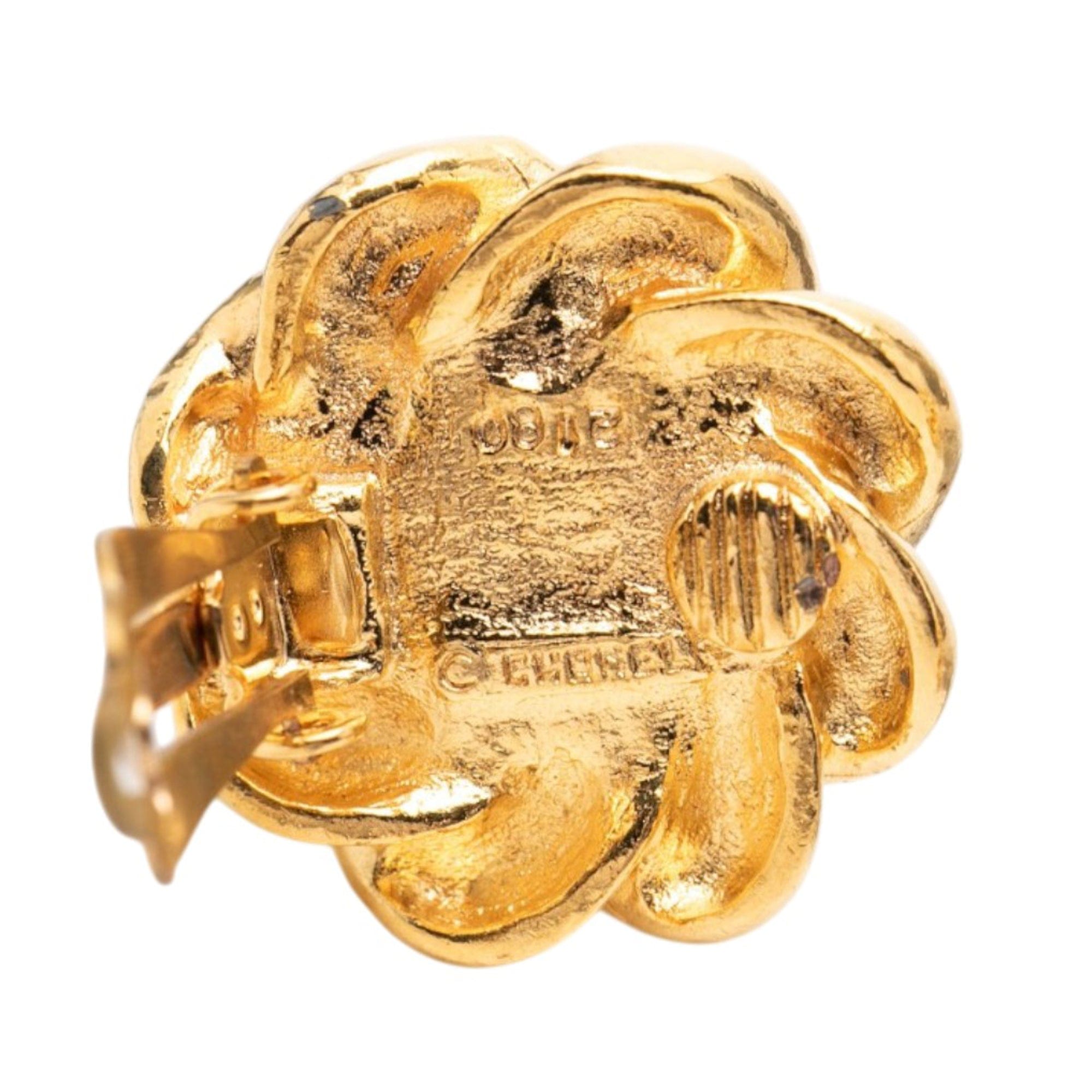Chanel Gold Plated Faux Pearl Flower Clip On Earrings