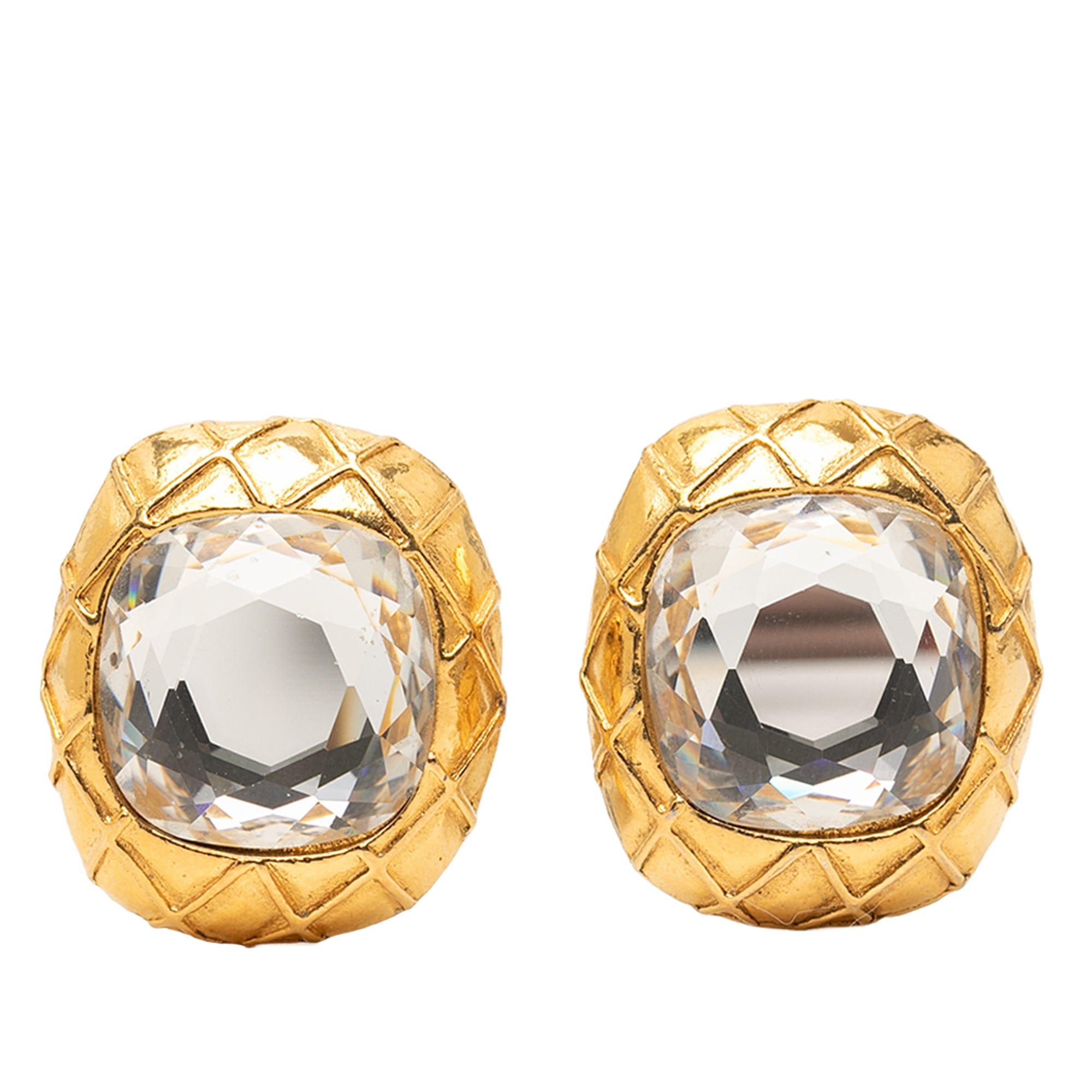 Chanel Gold Plated Quilted Large Crystal Clip On Earrings